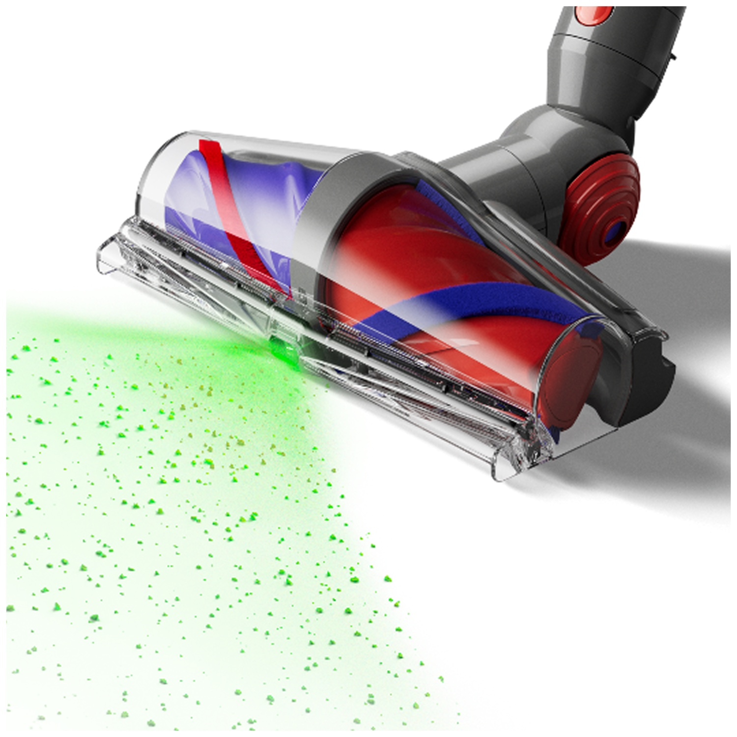 Vacuum cleaner head with red and blue brush shines green light on dust.
