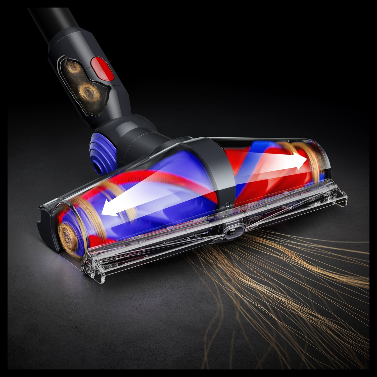A vacuum cleaner head with rotating blue and red brush sucks up hair.