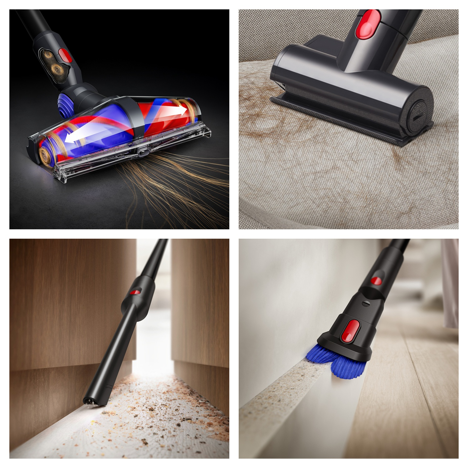Four images show a cordless vacuum and its attachments cleaning hair, debris, and tight gaps.