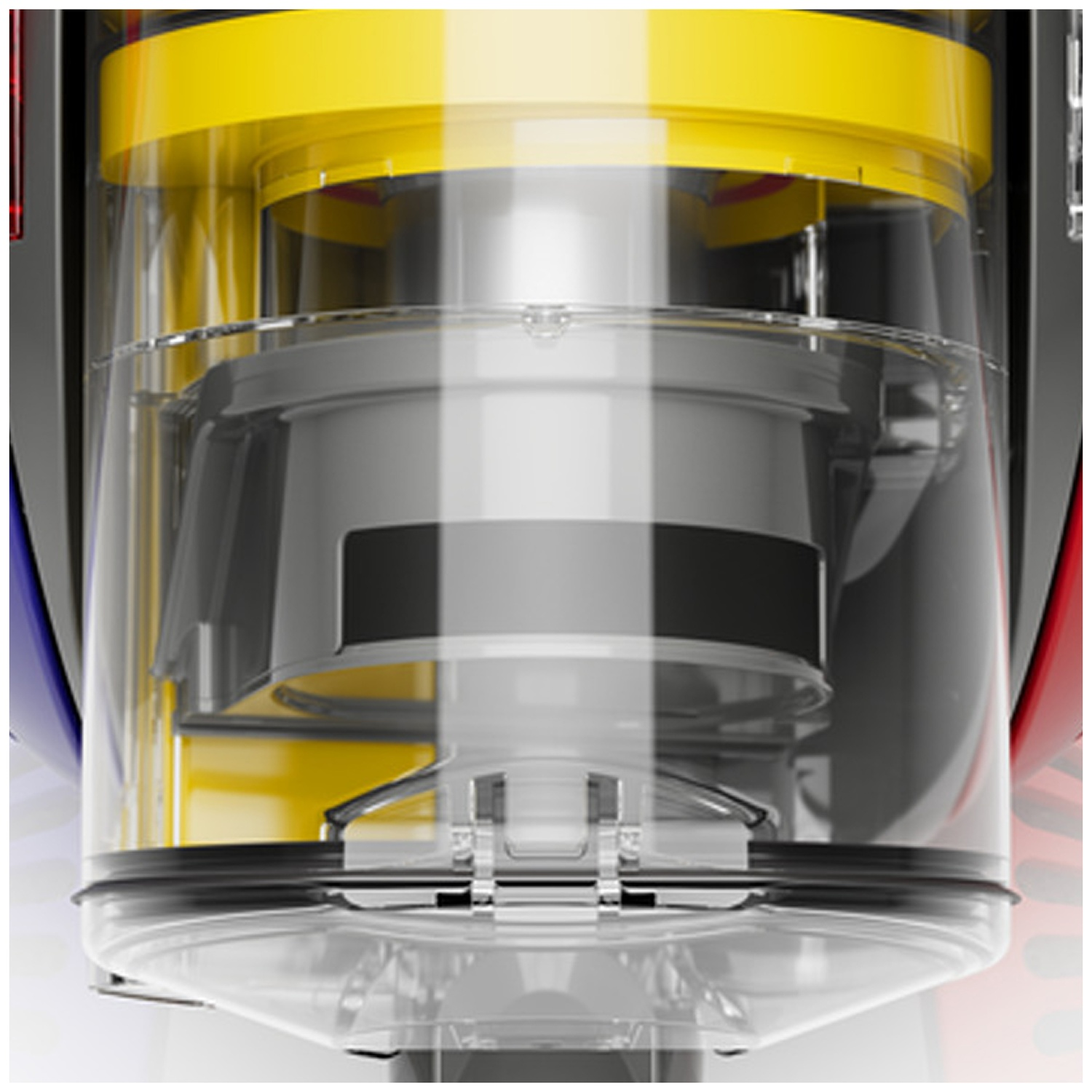 Close-up of a transparent vacuum cleaner dust container with yellow and grey interior components.
