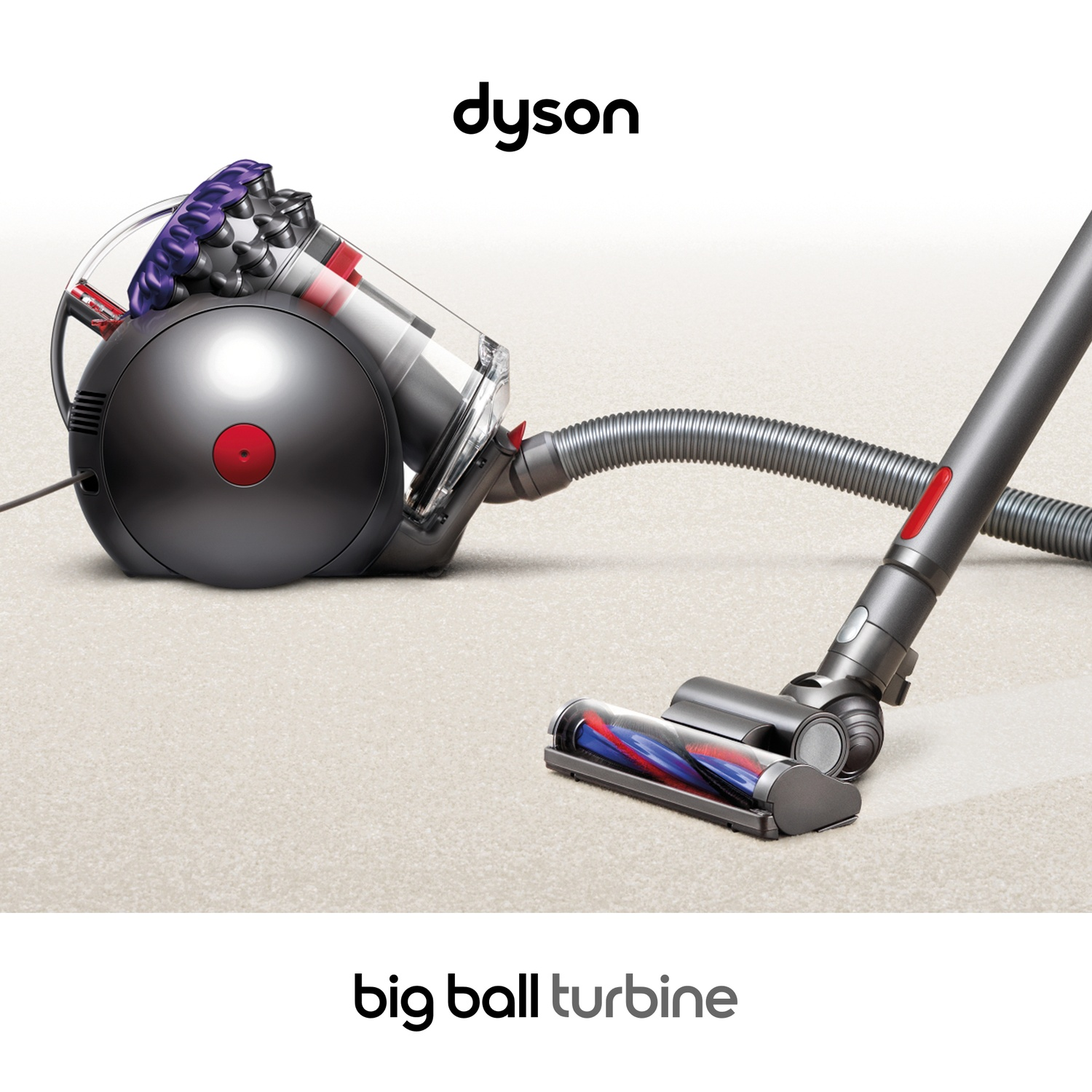 A gray Dyson Big Ball vacuum cleaner with a clear bin resting on a beige carpet.