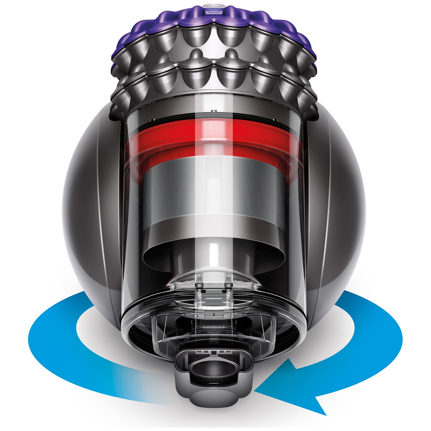 A futuristic grey vacuum cleaner body with a clear bin, purple top, and blue circular arrow beneath it on white.