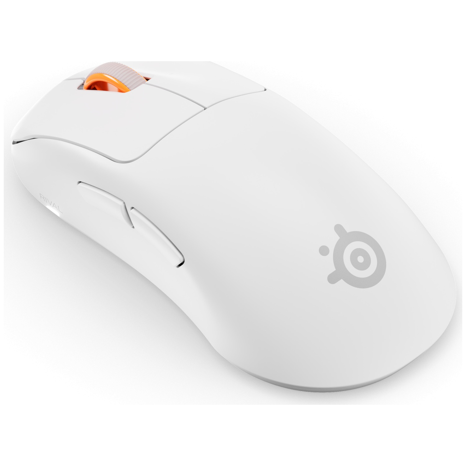 A white wireless gaming mouse with an orange scroll wheel and side buttons against a white background.