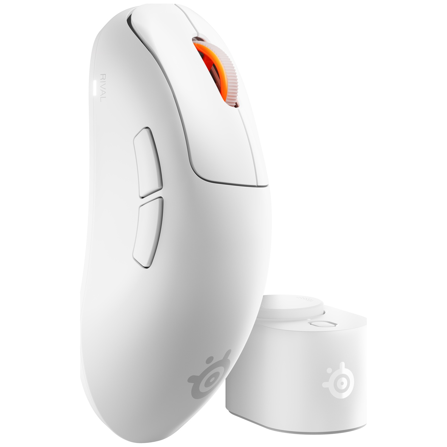 A white wireless gaming mouse with an orange scroll wheel and a small round charging dock on a white background.