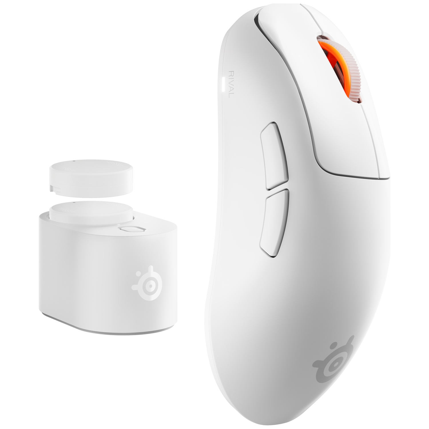 A white wireless gaming mouse with an orange scroll wheel and a matching white charging dock on a white background.