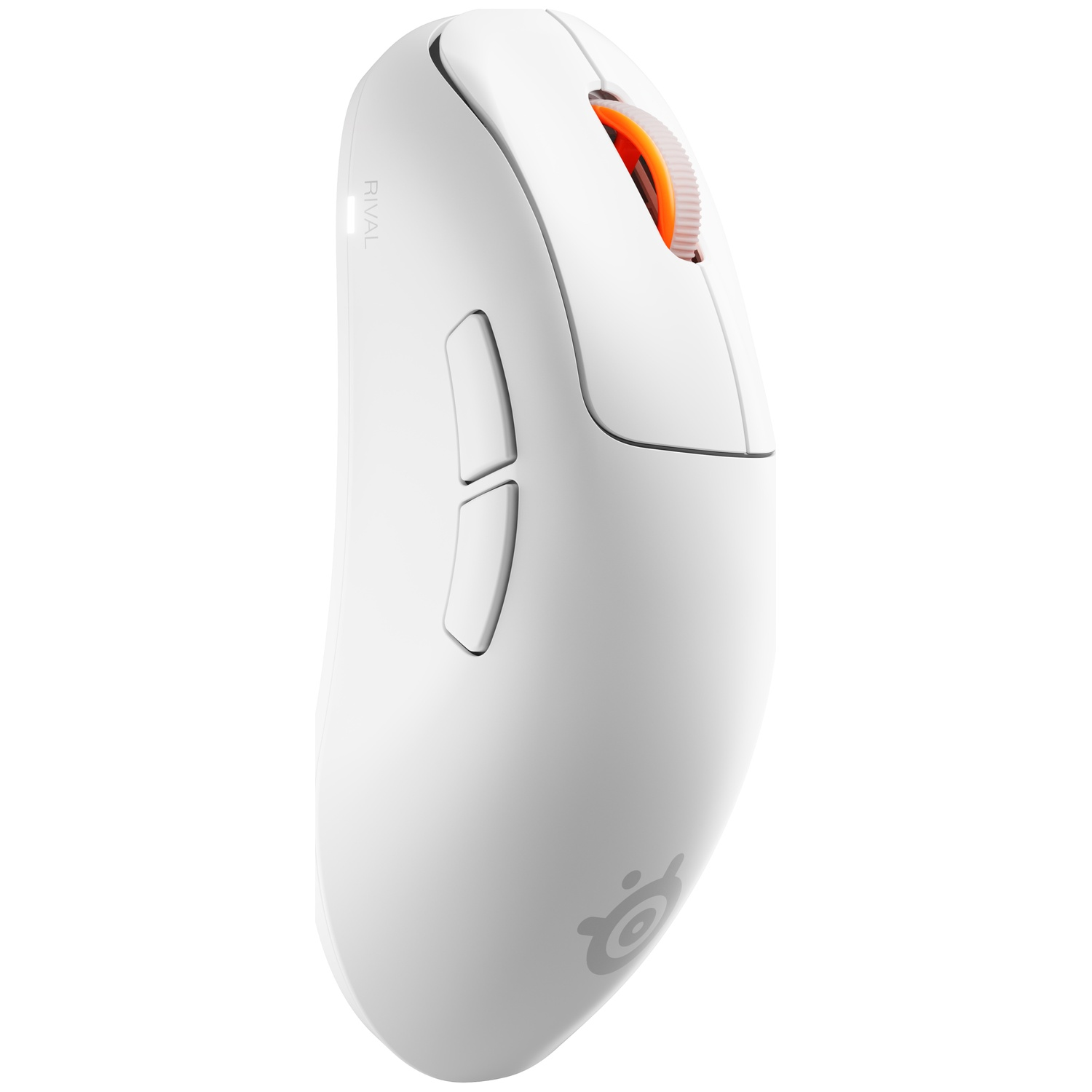 A white wireless gaming mouse featuring an orange scroll wheel and two side buttons.
