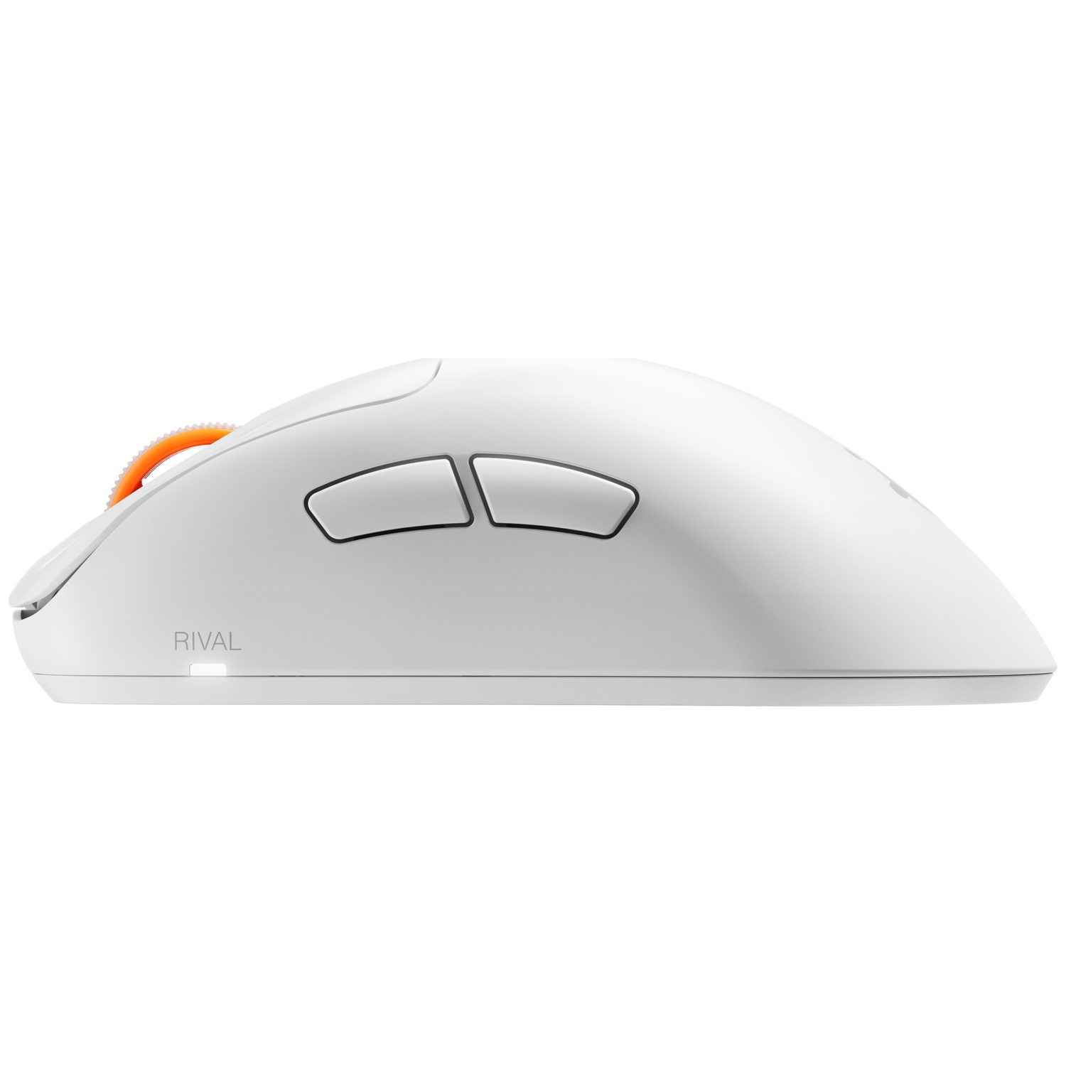 A white computer mouse with an orange scroll wheel and two side buttons on a plain white background.