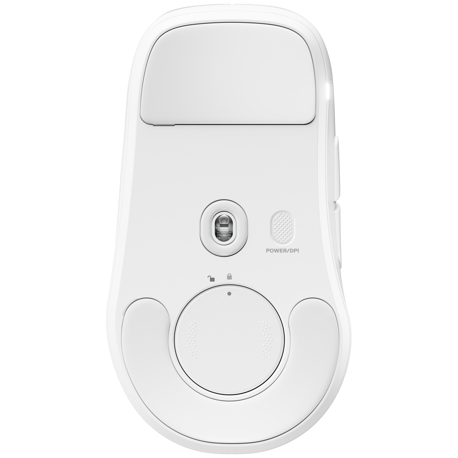Bottom view of a white computer mouse showing sensor and battery compartment on white.