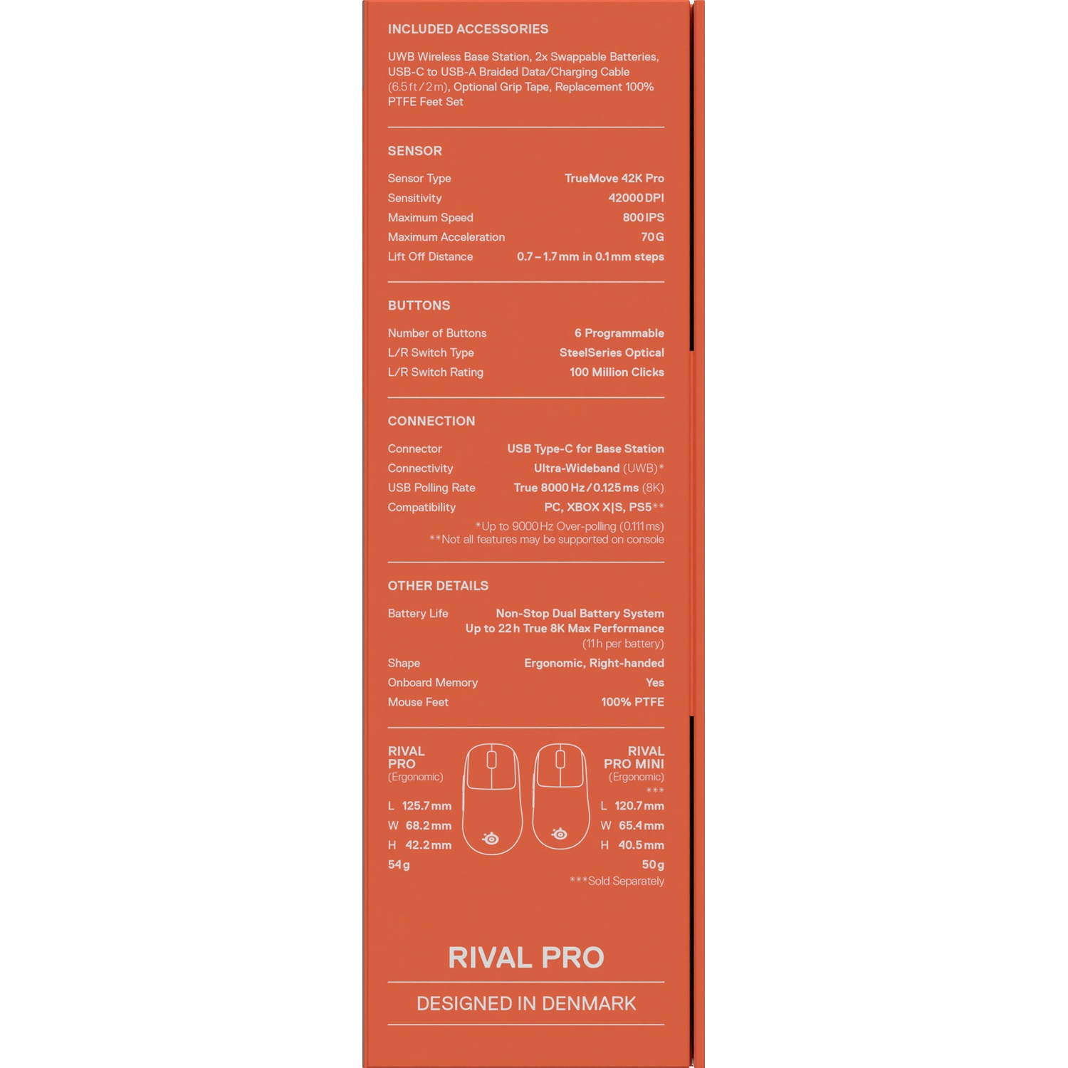 Red product specification table with technical data like sensor, buttons, and connection for Rival Pro.
