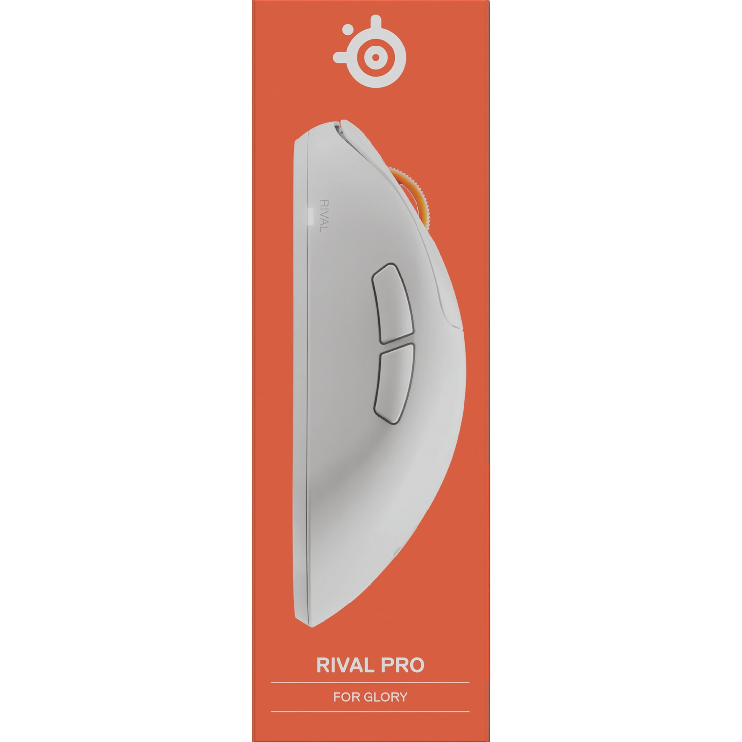 A white gaming mouse with an orange scroll wheel and side buttons, displayed vertically on an orange background.