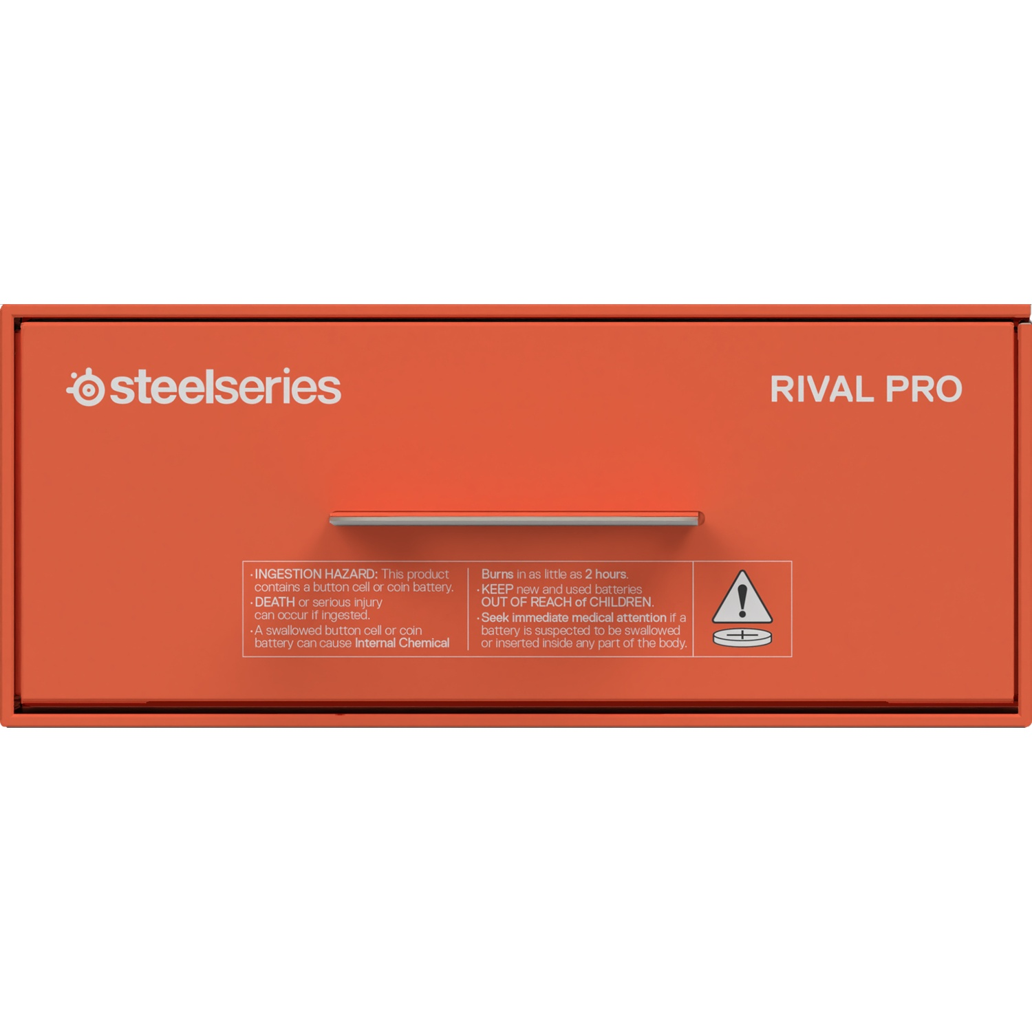 An orange Steelseries Rival Pro box with white text and a coin cell battery ingestion hazard warning label.