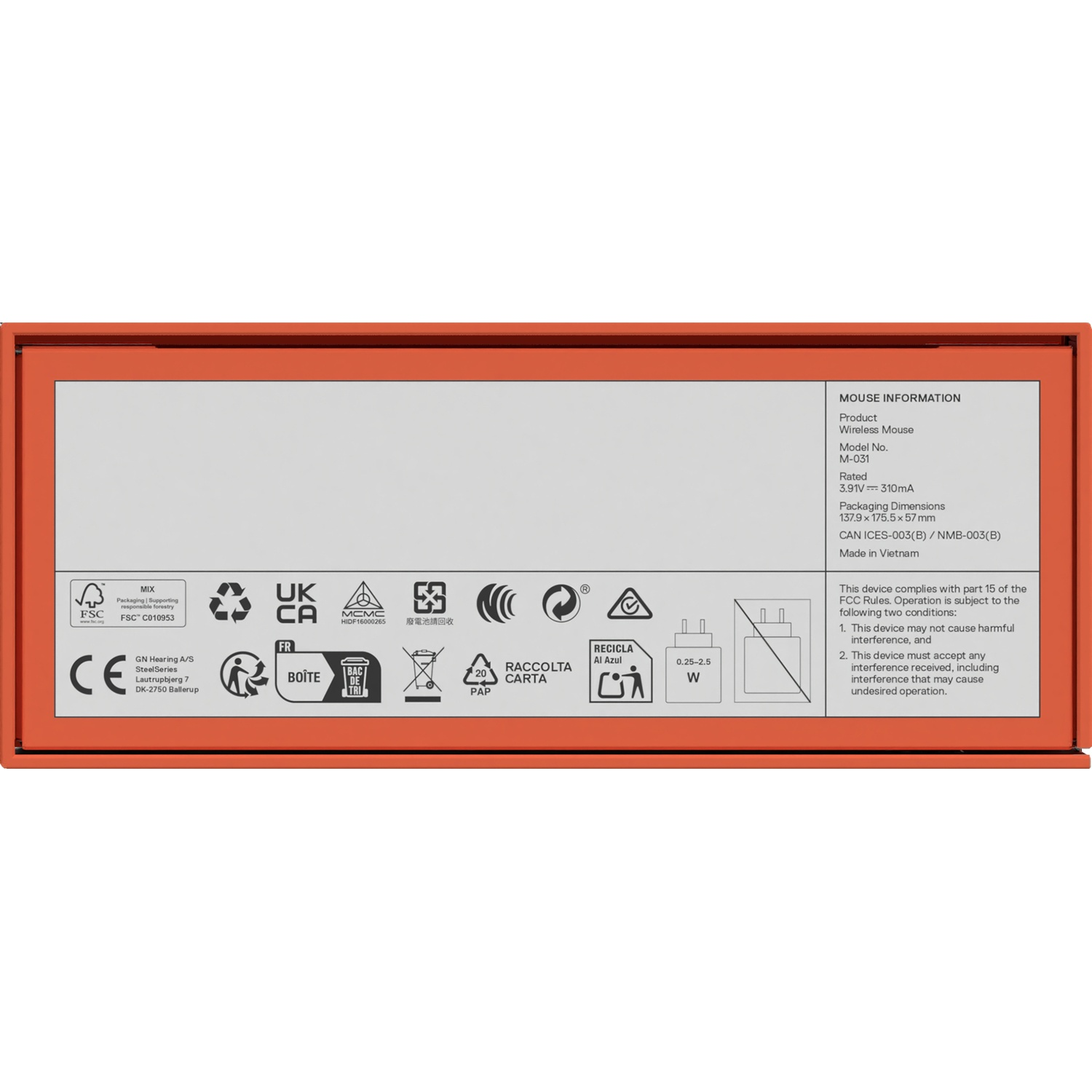Product information and recycling symbols on an orange packaging bottom.