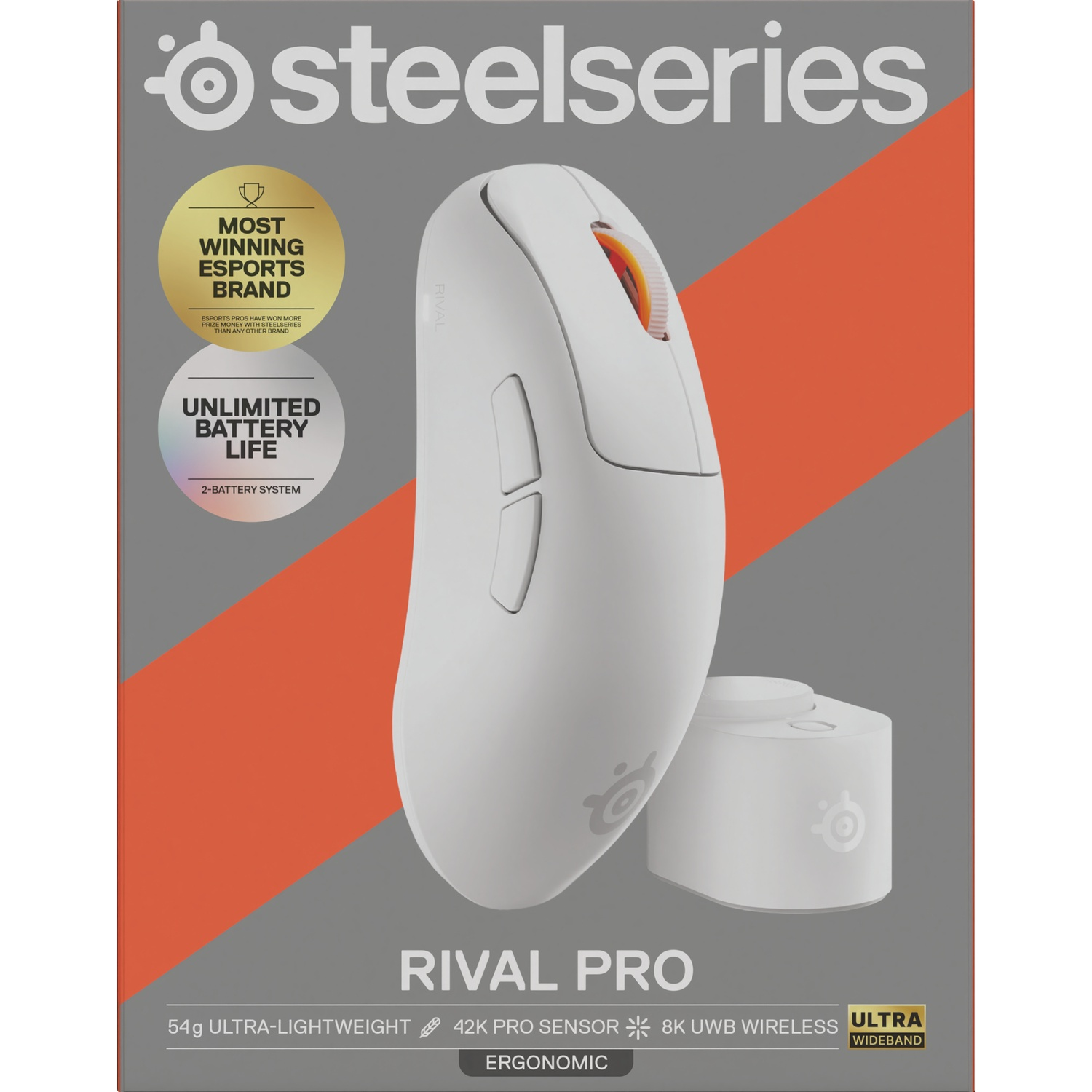Product packaging of the white SteelSeries Rival Pro gaming mouse with orange accents and technical details.