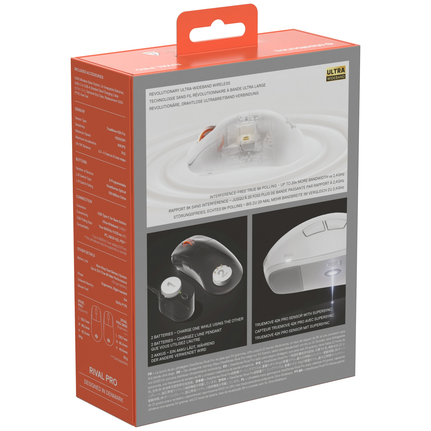 Back of a white and red SteelSeries Rival Pro gaming mouse box showing specifications and product photos.