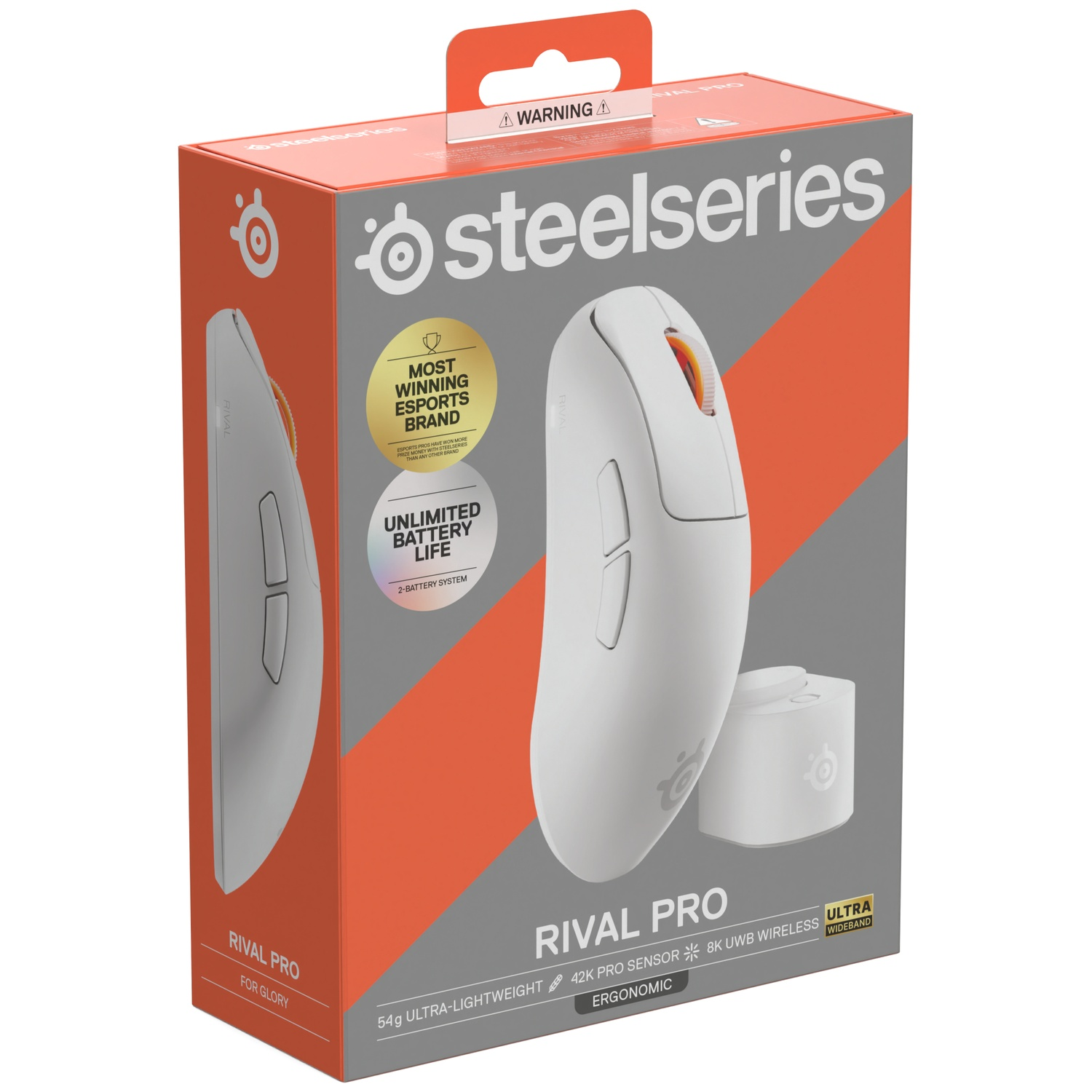SteelSeries Rival Pro white gaming mouse box with mouse, receiver, and branding details.