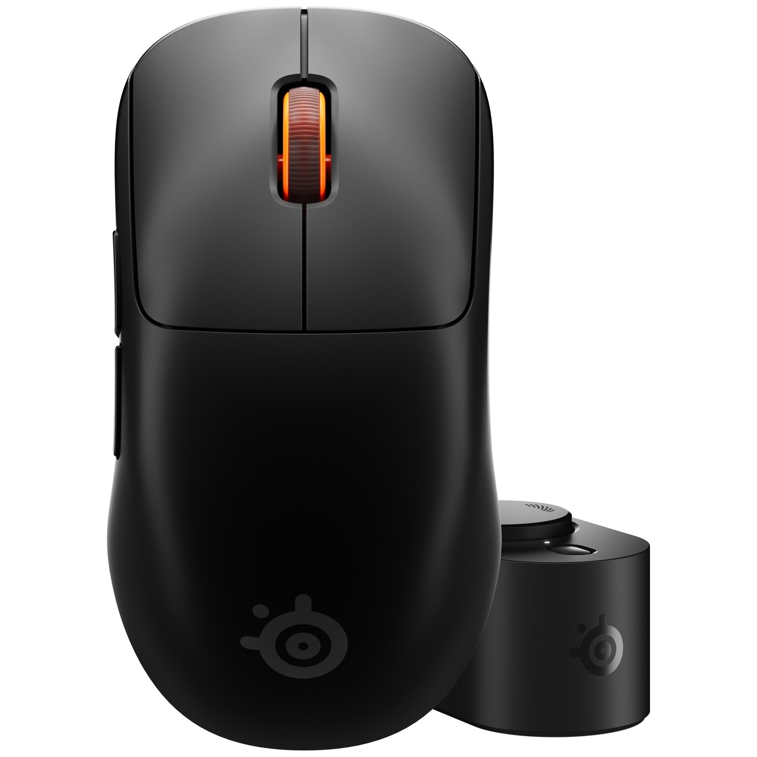 Black wireless gaming mouse with an orange scroll wheel and base station on a white background.