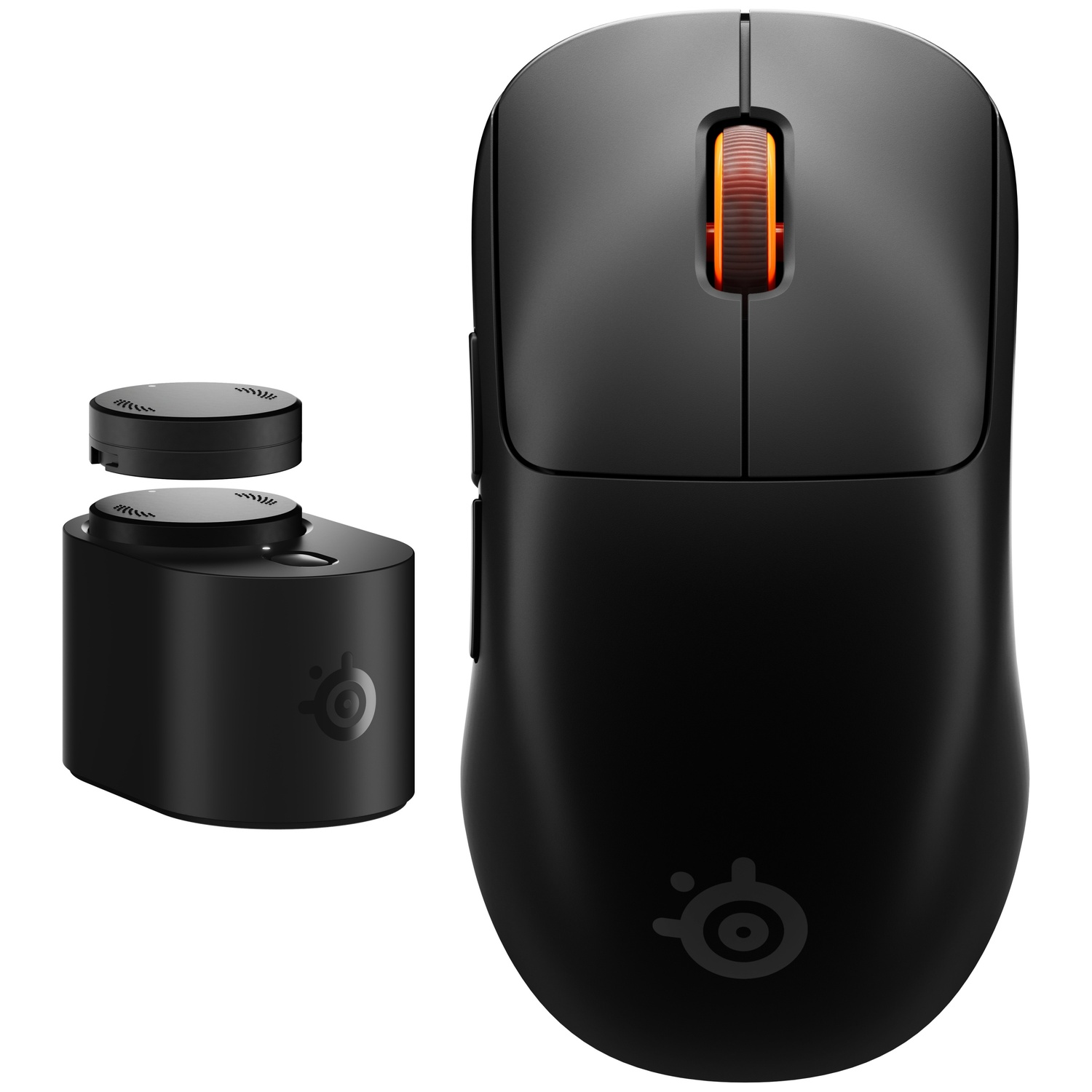 Black wireless computer mouse with an orange scroll wheel and a separate charging dock.