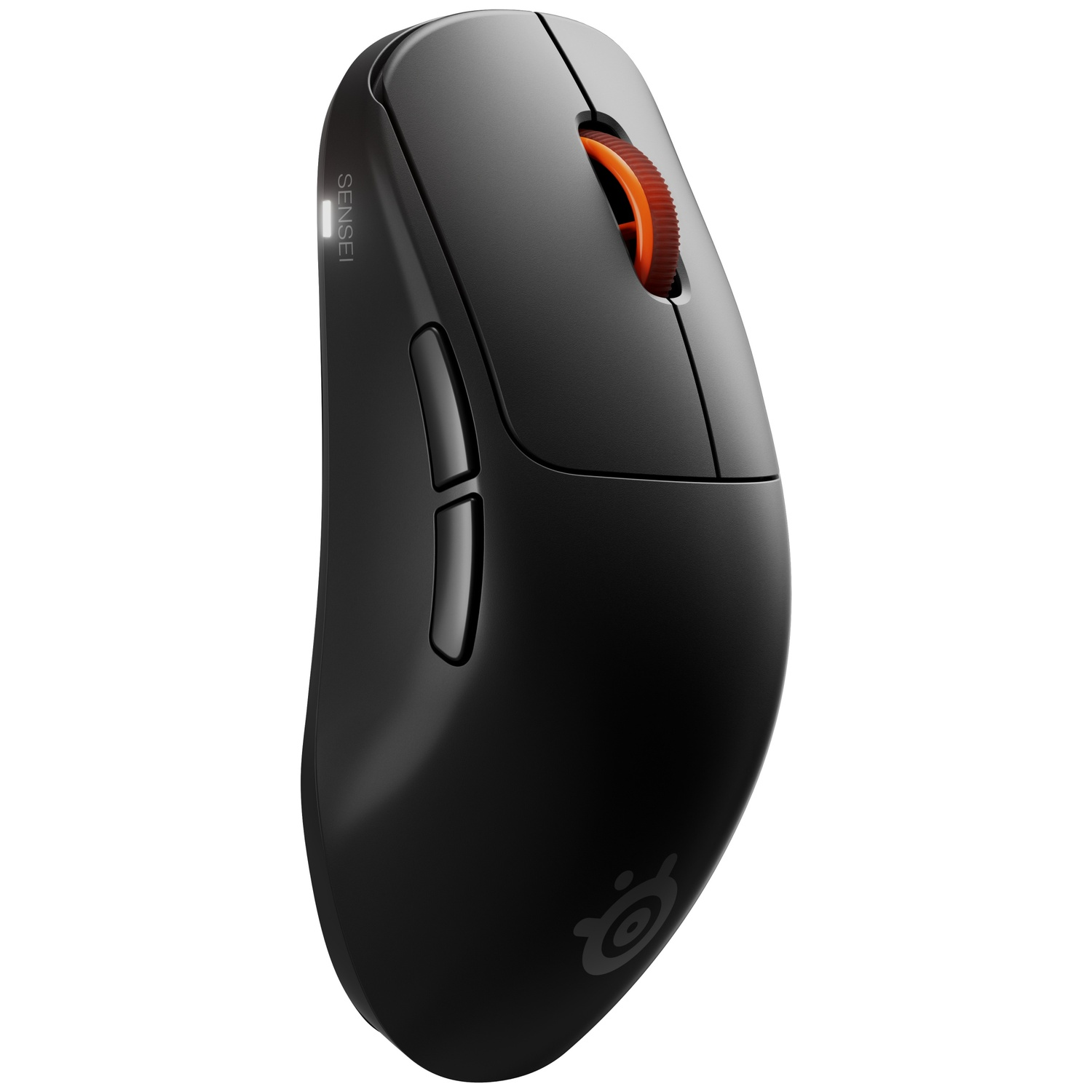 Black wireless computer mouse with an orange scroll wheel on a white background.