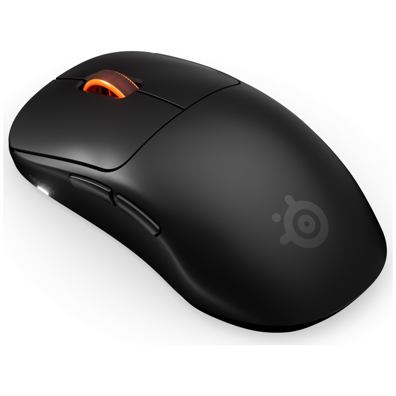 A black computer mouse with two side buttons and a glowing orange scroll wheel on a white background.