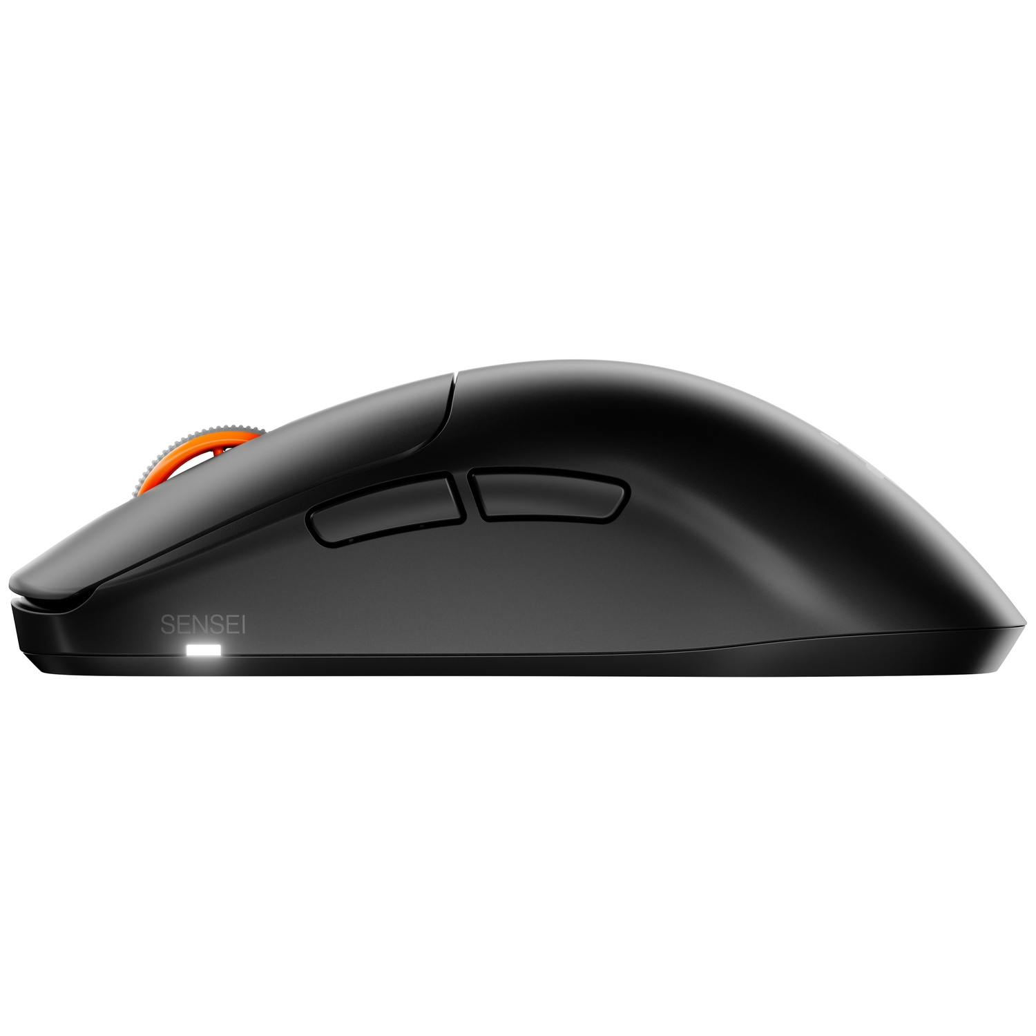 Black computer mouse with an orange scroll wheel and two side buttons.