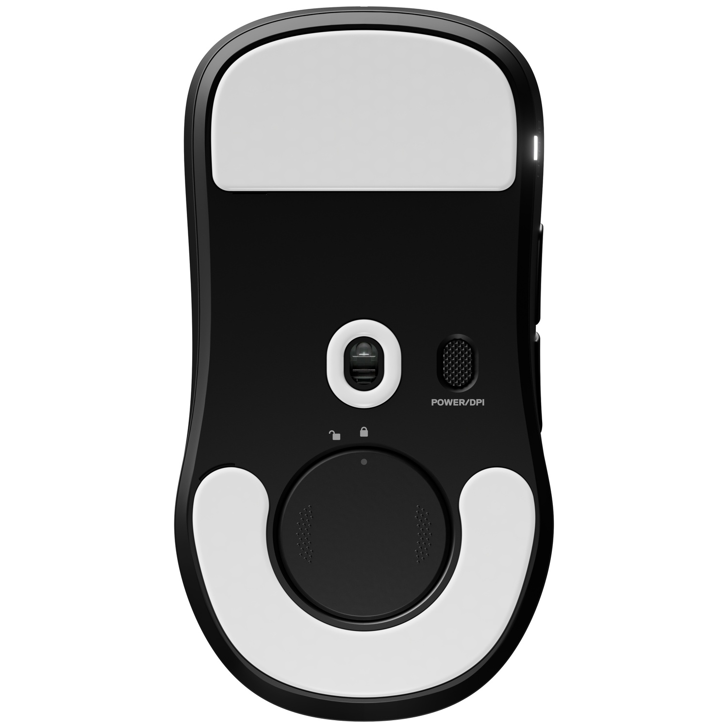 The bottom of a black computer mouse with white glide feet, an optical sensor, and a power/DPI button.