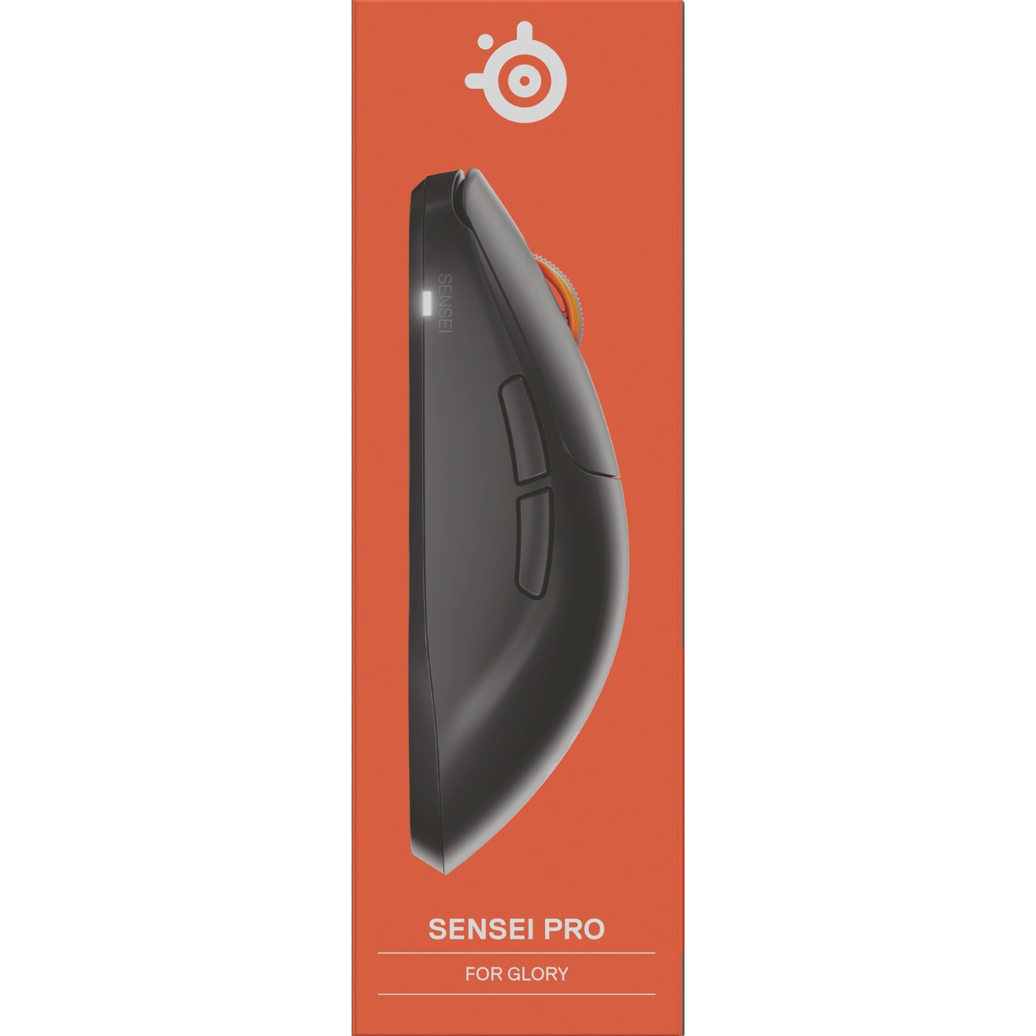 A black computer mouse against a red background in its packaging with the text 'SENSEI PRO'.