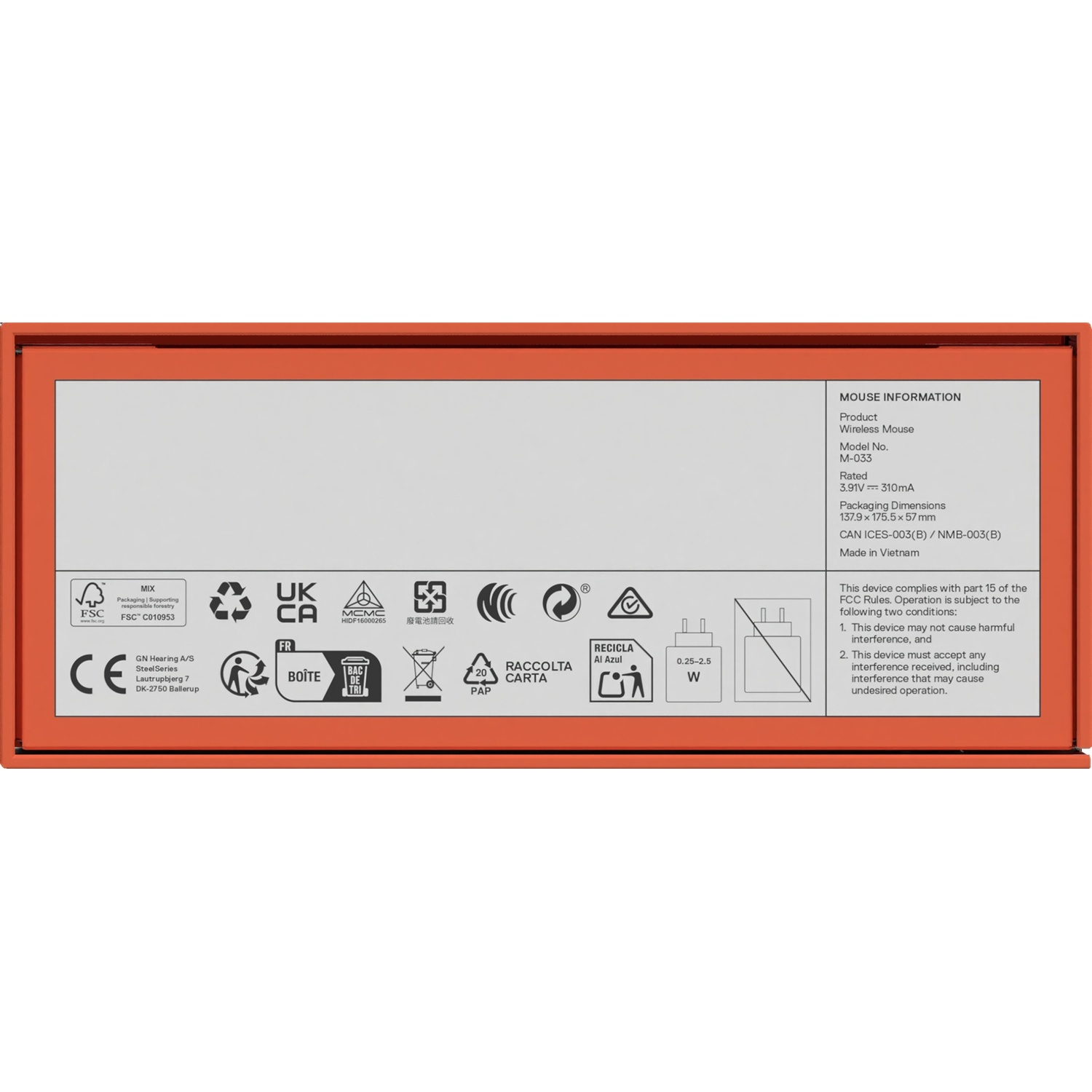 Product information and recycling symbols on the grey underside of an orange box.