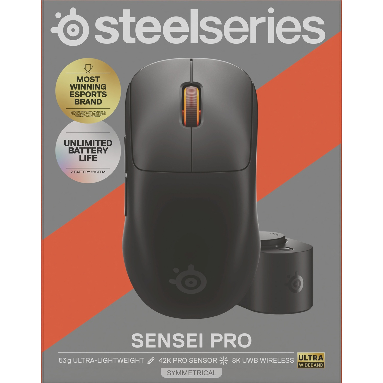 SteelSeries Sensei Pro gaming mouse in black design with dongle on gray and orange packaging.