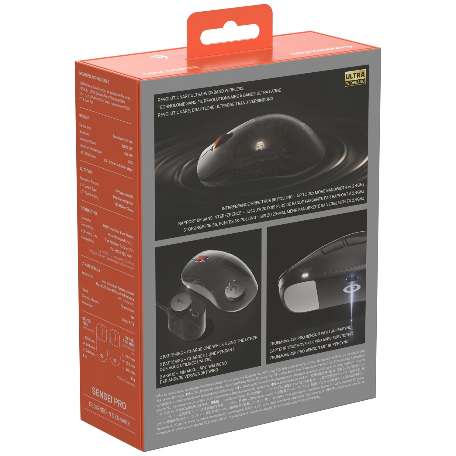 Back of a SteelSeries gaming mouse product box showing specifications and product images.