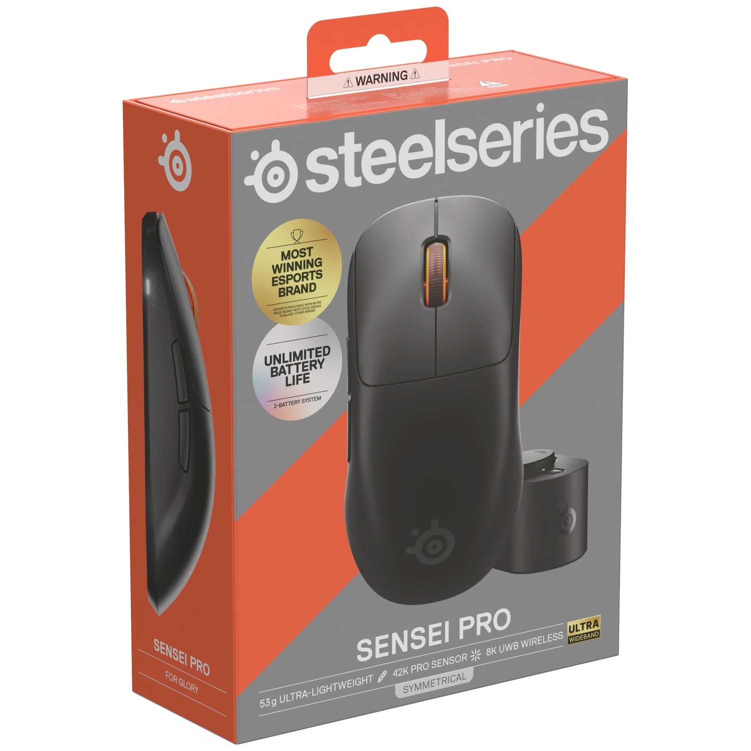 SteelSeries Sensei Pro wireless gaming mouse in an orange and grey retail box.