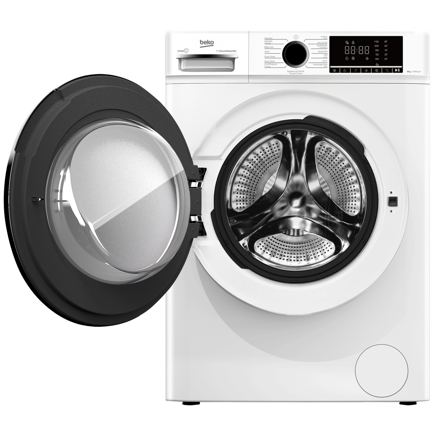A white Beko washing machine with an open drum door and a digital control panel.