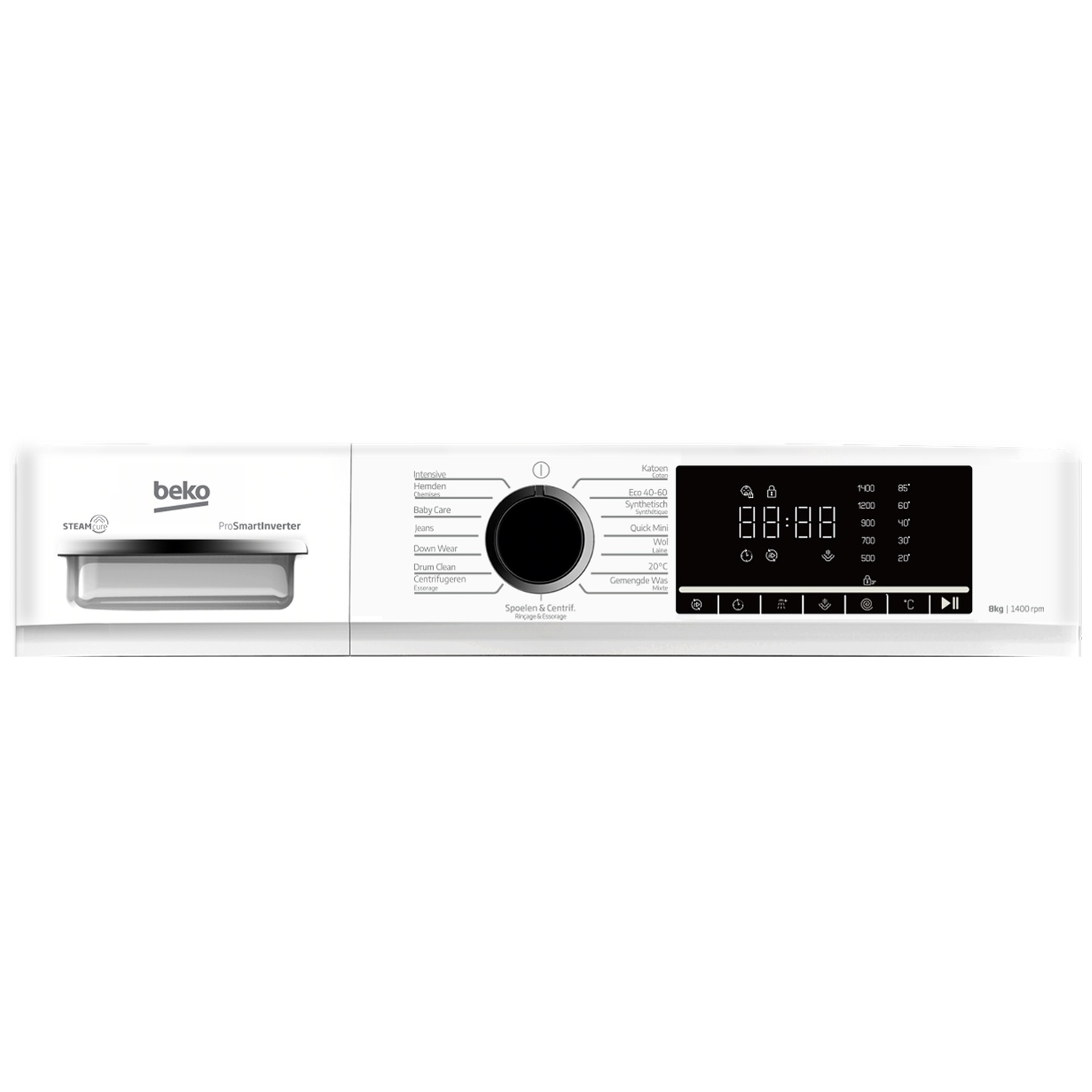 Front view of a white Beko washing machine control panel with rotary knob, digital display, and program labels.