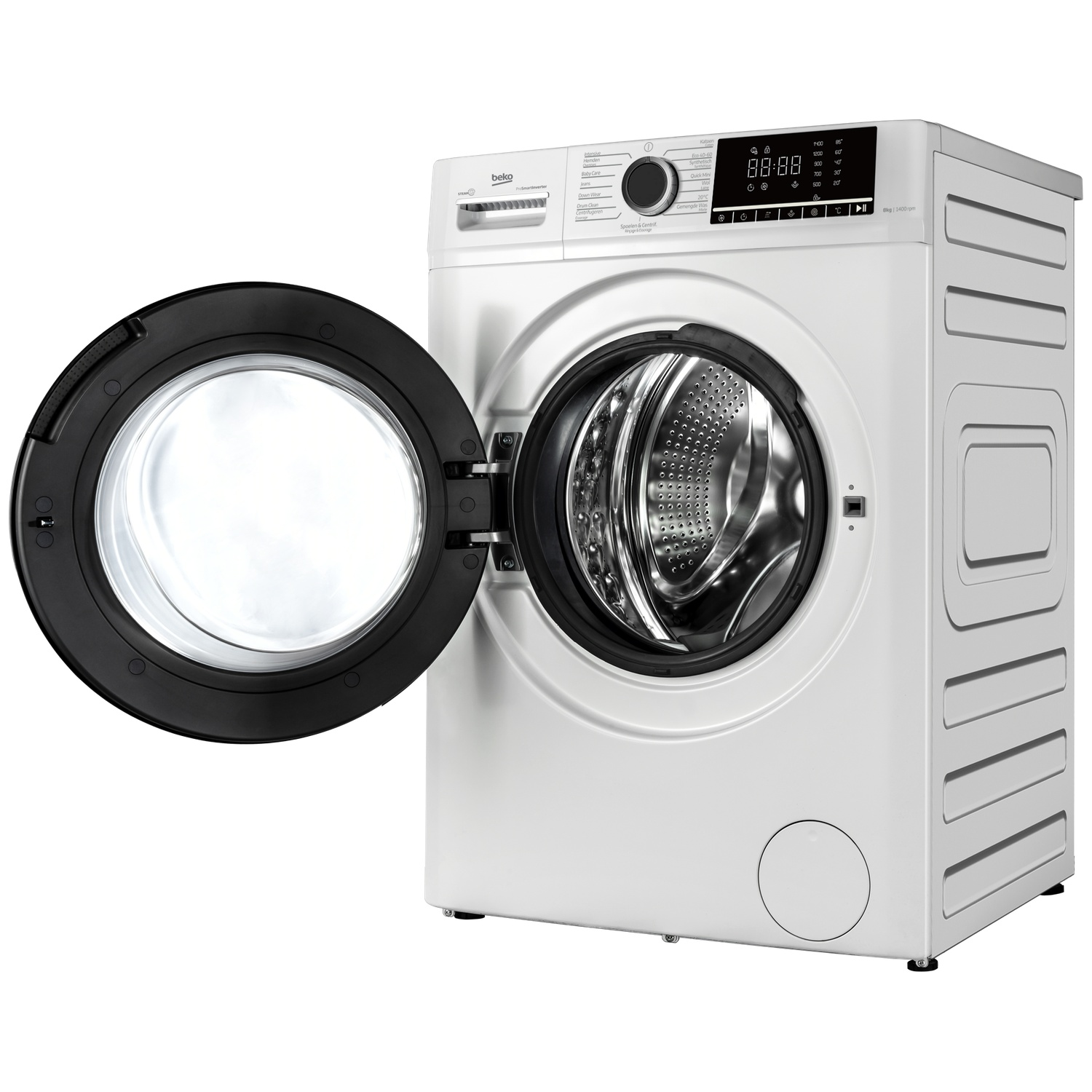 A white Beko washing machine with its black door open and a silver drum, set against a plain white background.