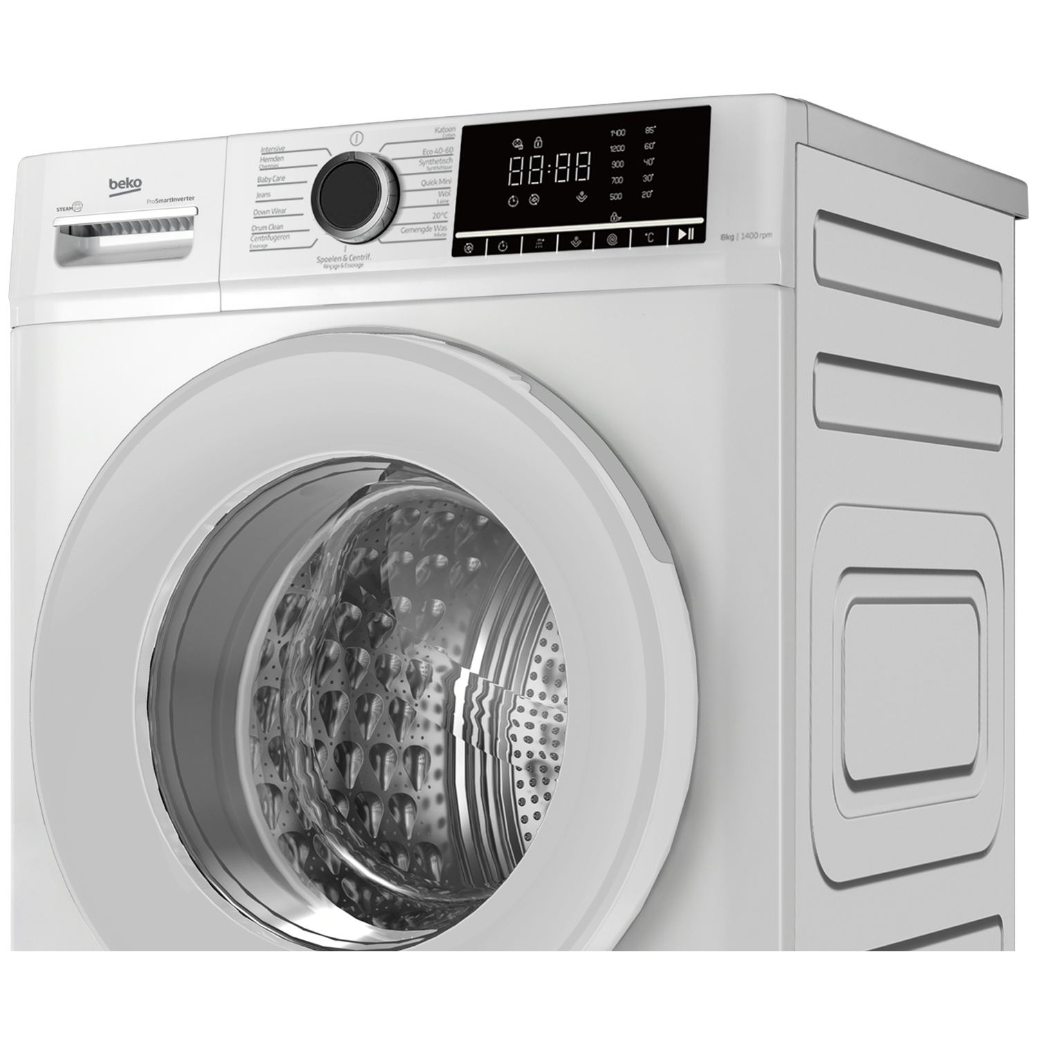 A white Beko front-load washing machine with a digital display and rotary dial against a white background.
