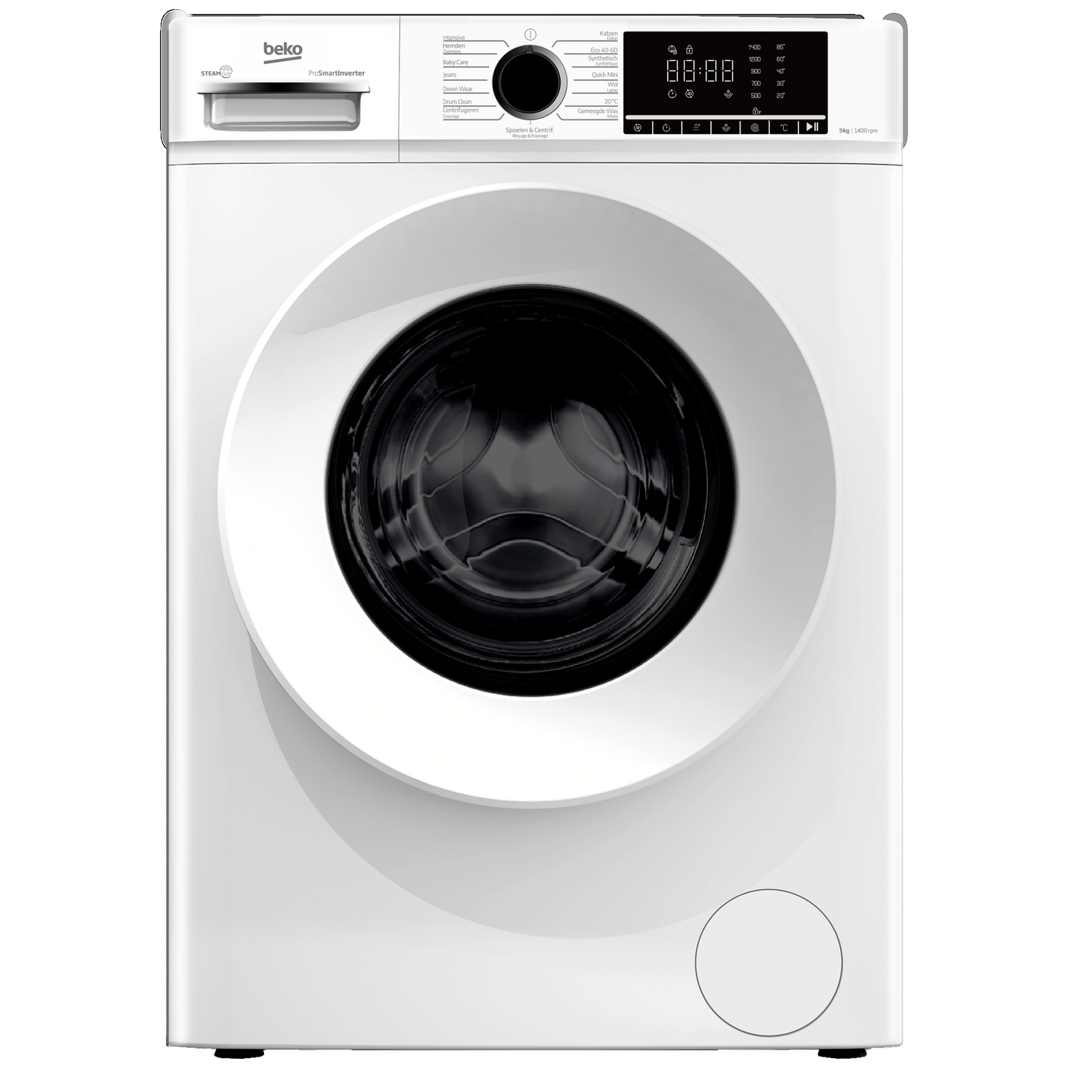 A white Beko front-load washing machine with a digital display and round glass door against a neutral background.
