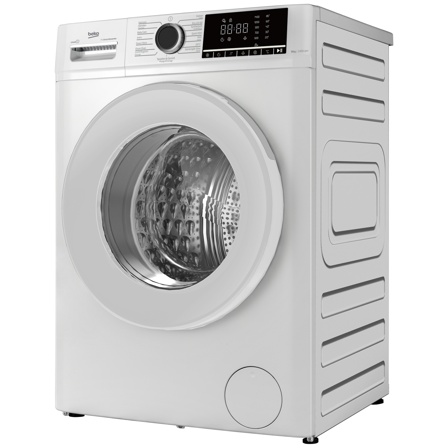 A white Beko front-loading washing machine with a digital display.