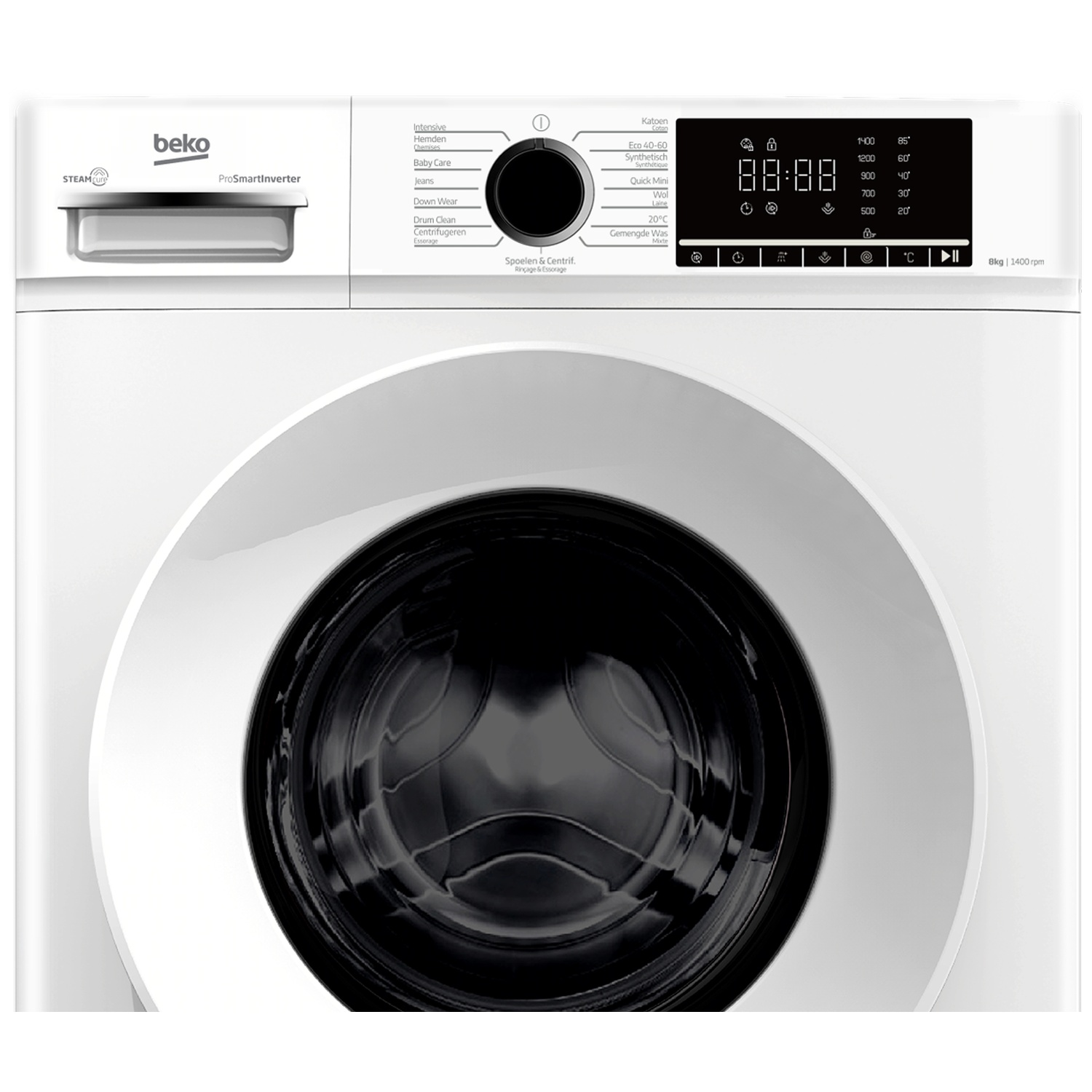 A white Beko washing machine featuring a digital display and round glass door.