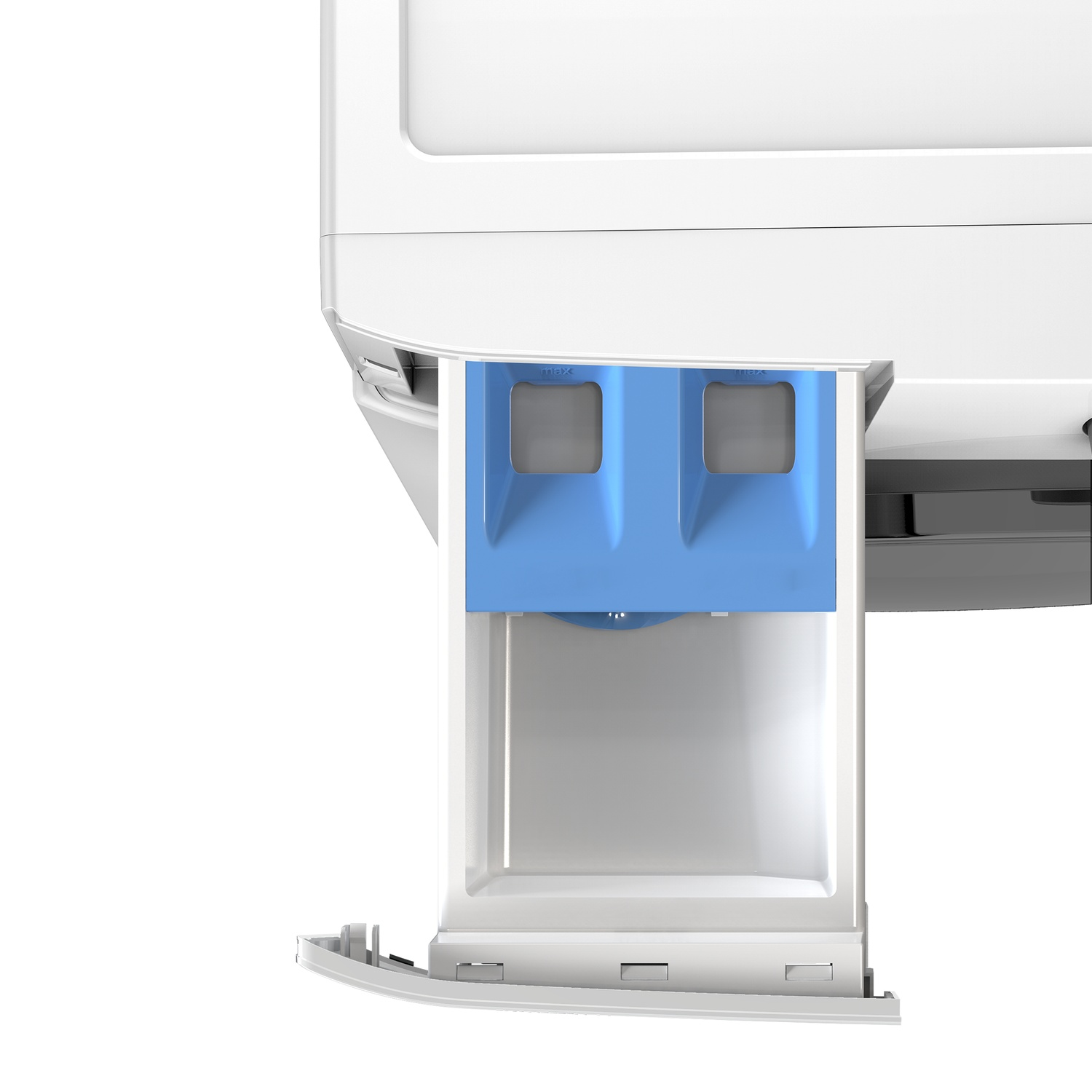 Open detergent drawer of a white washing machine with blue inserts.