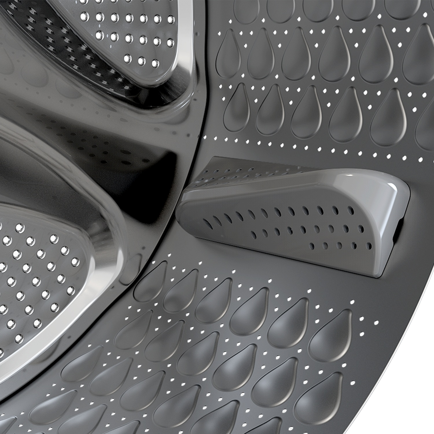 Close-up of a grey metal washing machine drum with embossed water droplets and drainage holes.