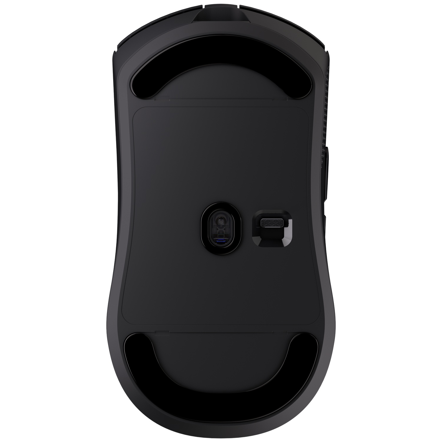 The underside of a black computer mouse featuring an optical sensor and glide feet against a white background.