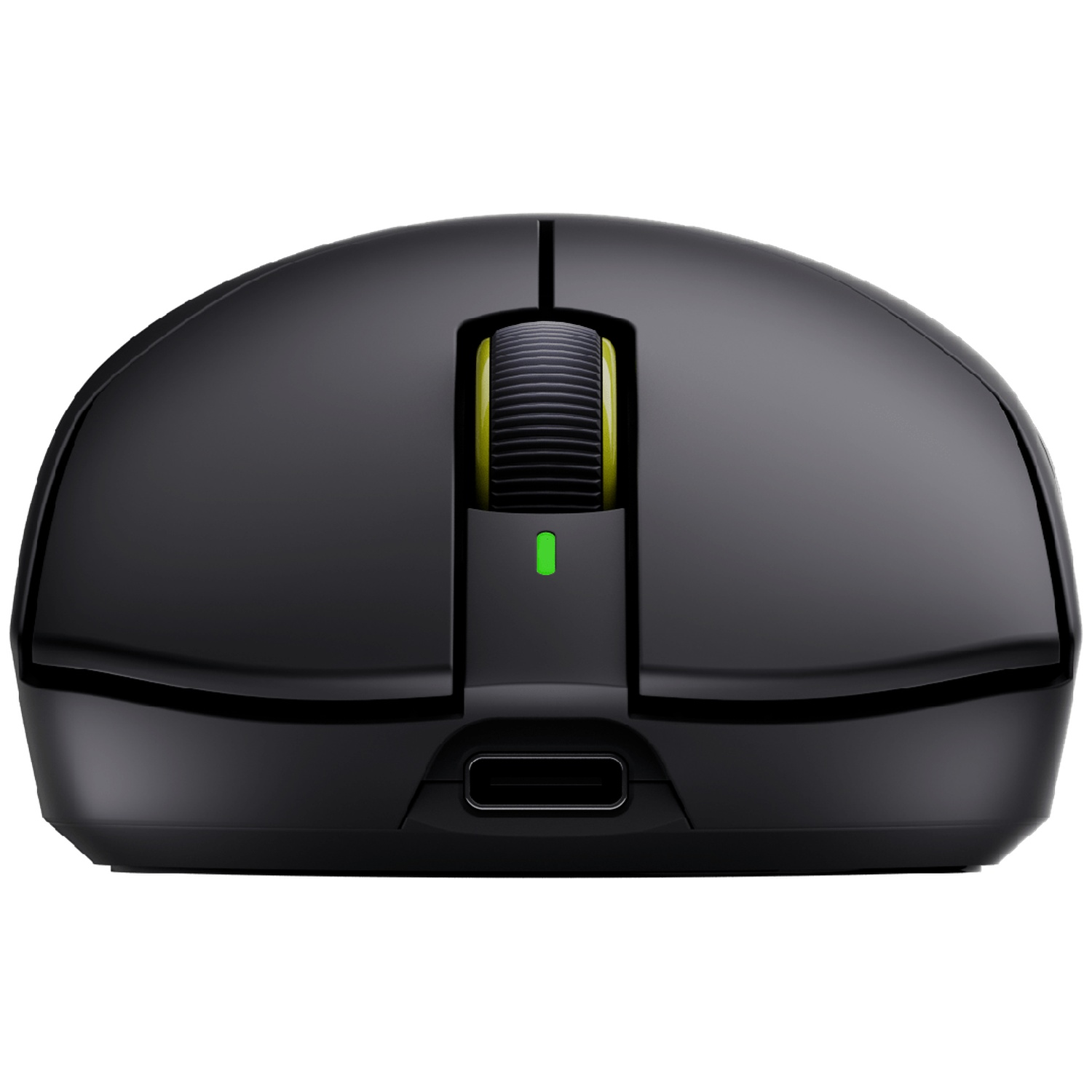 Black wireless mouse with scroll wheel, green LED indicator, and front USB-C port on a white background.