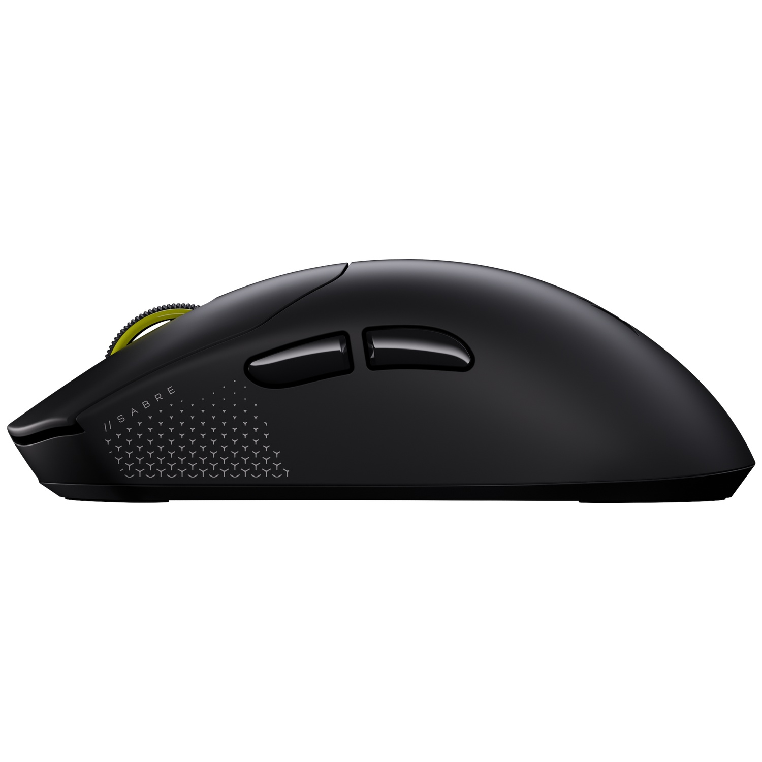 Black Corsair Sabre gaming mouse with a yellow scroll wheel and side buttons on a white background.