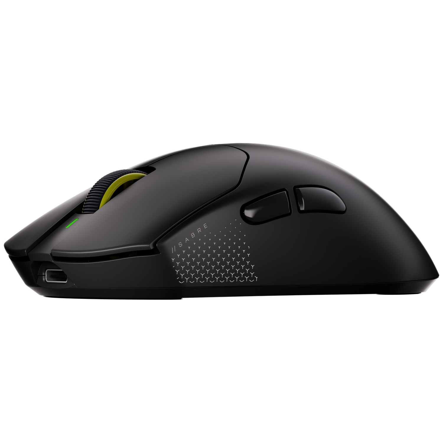 Black wireless gaming mouse in side view with thumb buttons, scroll wheel, and USB-C port.