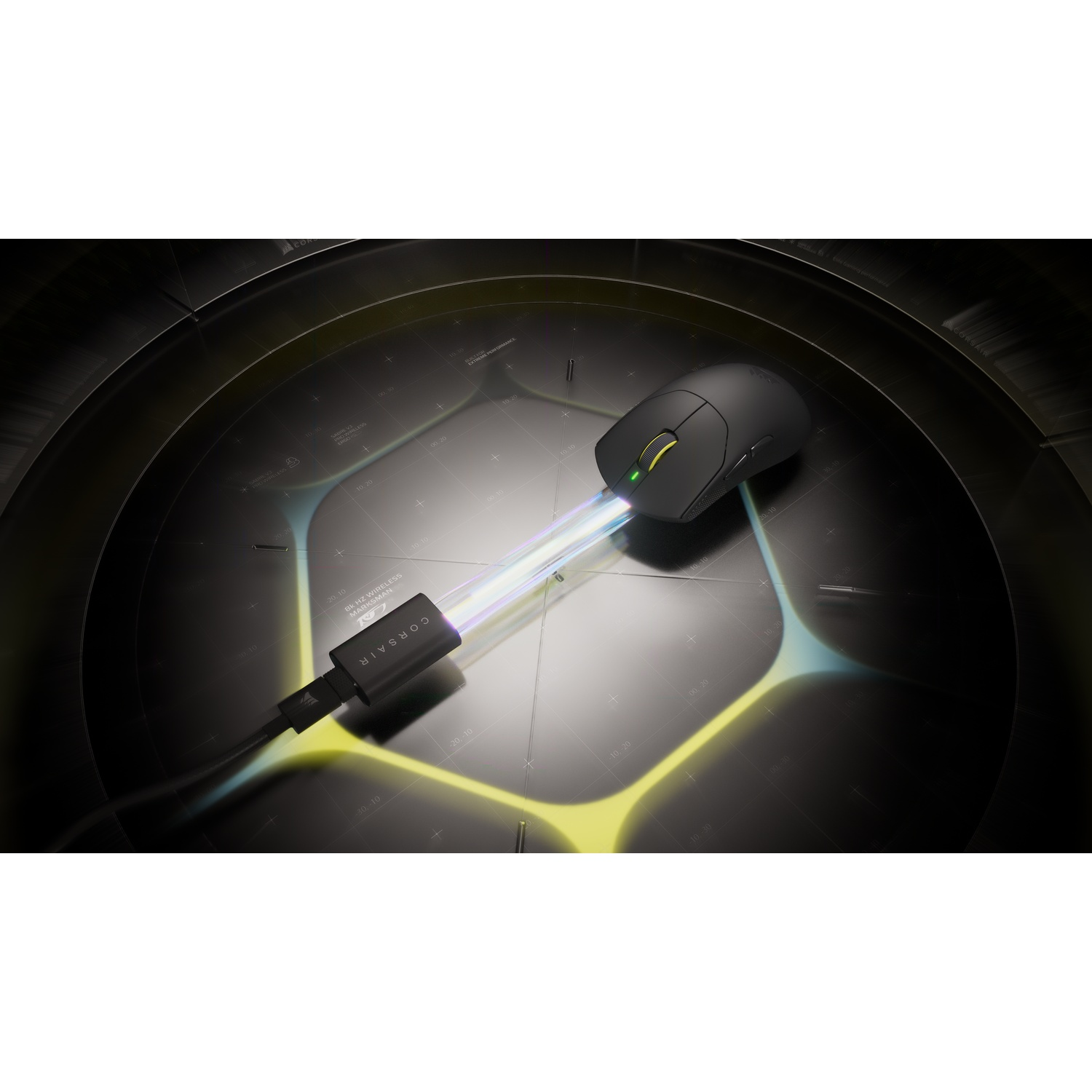 A black wireless gaming mouse on a dark platform with an illuminated USB adapter cable.