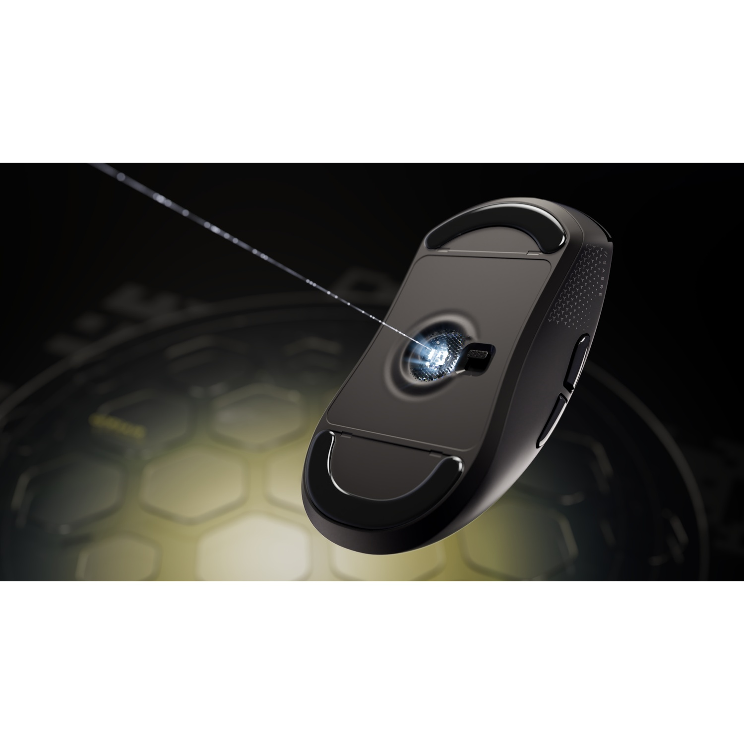 The bottom of a black computer mouse with a bright light beam and a glowing honeycomb pattern in the background.