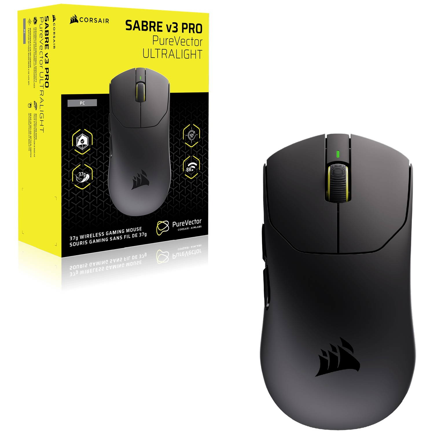 A black Corsair wireless gaming mouse with its yellow packaging box in the background.