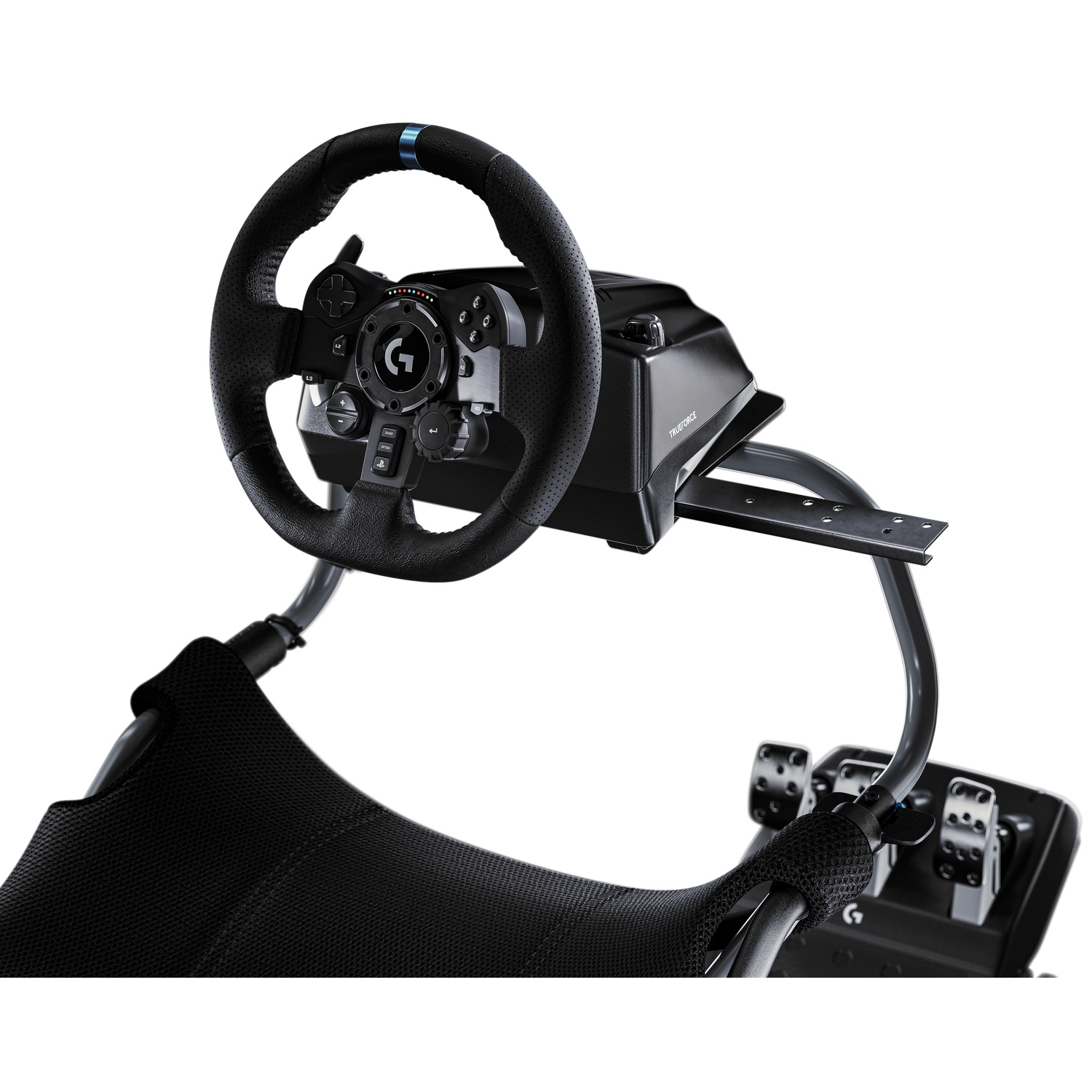 A black racing steering wheel and pedals on a grey metal frame with a black seat against a white background.