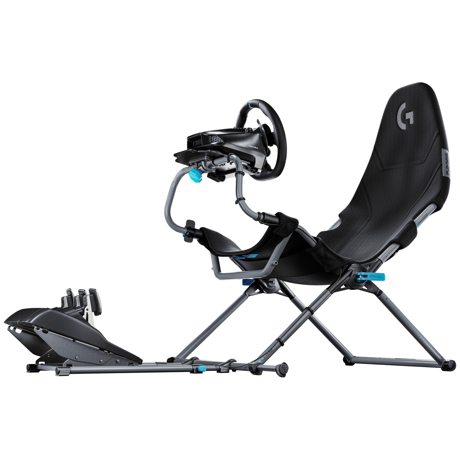 A black racing simulator seat with a gray metal frame, steering wheel, and pedals on a white background.