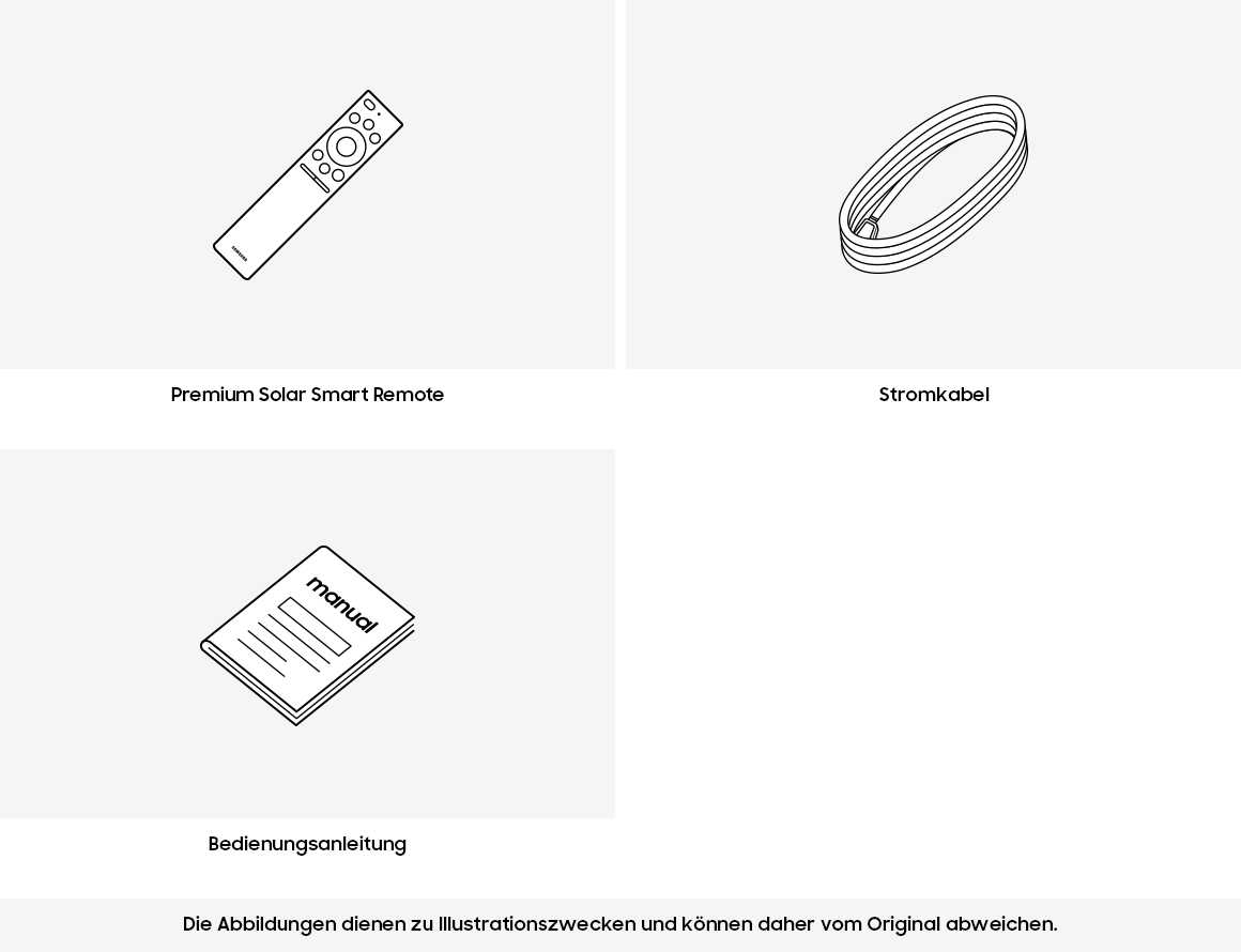 Strichzeichnungen einer Fernbedienung, eines Netzkabels und einer Anleitung.