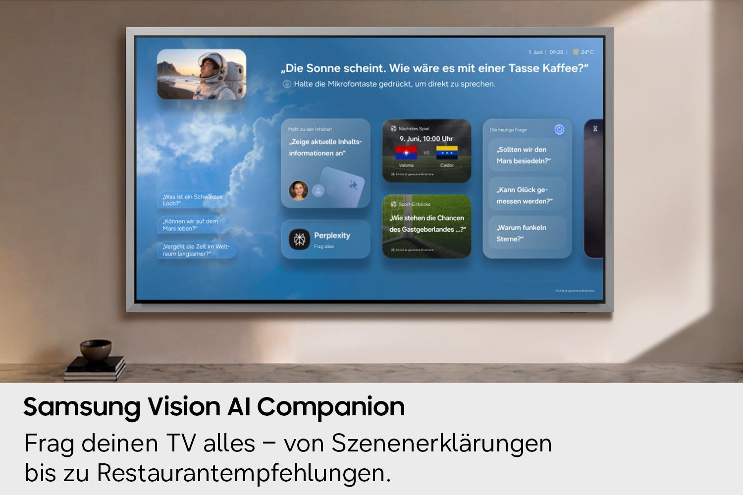 Ein Fernseher zeigt die Samsung Vision AI Companion Benutzeroberfläche mit verschiedenen Informationskacheln.